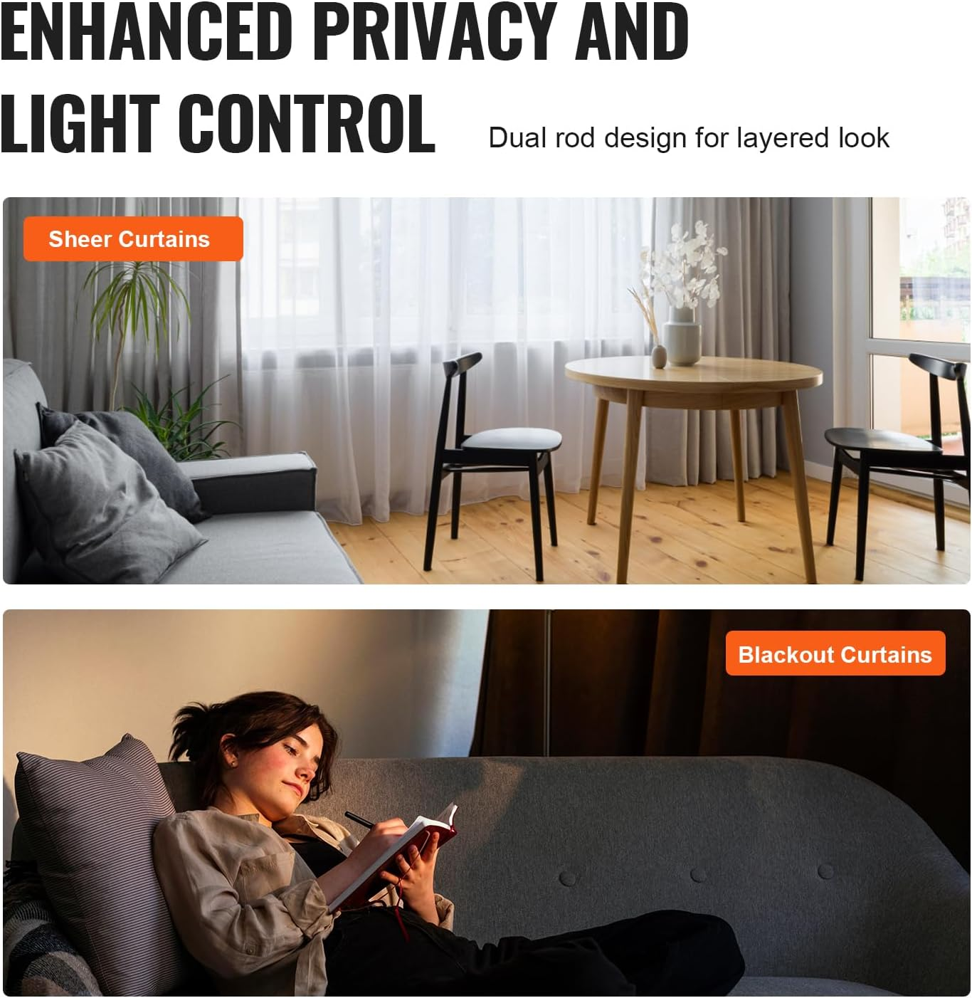 VEVOR Double Rod Curtain Rods, 36-72 Inches(3-6Ft) Adjustable Length, Black Double Curtain Rods with Cap Finials, 1" and 3/4" Diameter, Double Window Drapery Rod for Sheer and Blackout Curtains