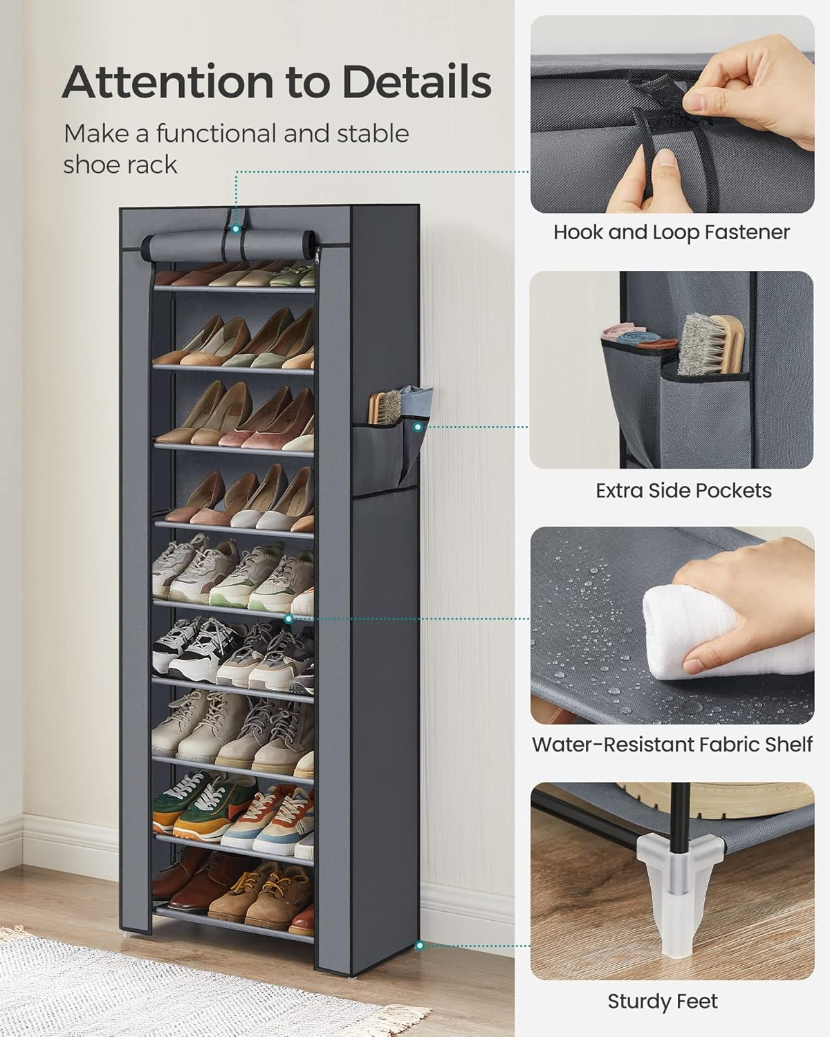 SONGMICS Shoe Rack, 9 Tier Shoe Organizer with Nonwoven Fabric Cover, Shoe Storage Shelf for 27-35 Pairs of Shoes, Entryway, Suitable for Sneakers, High Heels, Flats, and Boots, Grey URXJ10G image number 3