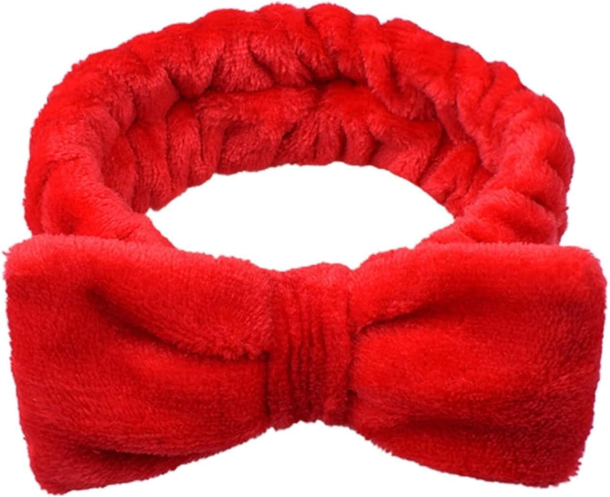 Red Makeup Headband,Cute Hair Band for Washing Face,Spa,Skincare,High Elasticity Bowknot Coral Fleece Bow Head Wrap Hair Accessories for Daily Wear Headbands