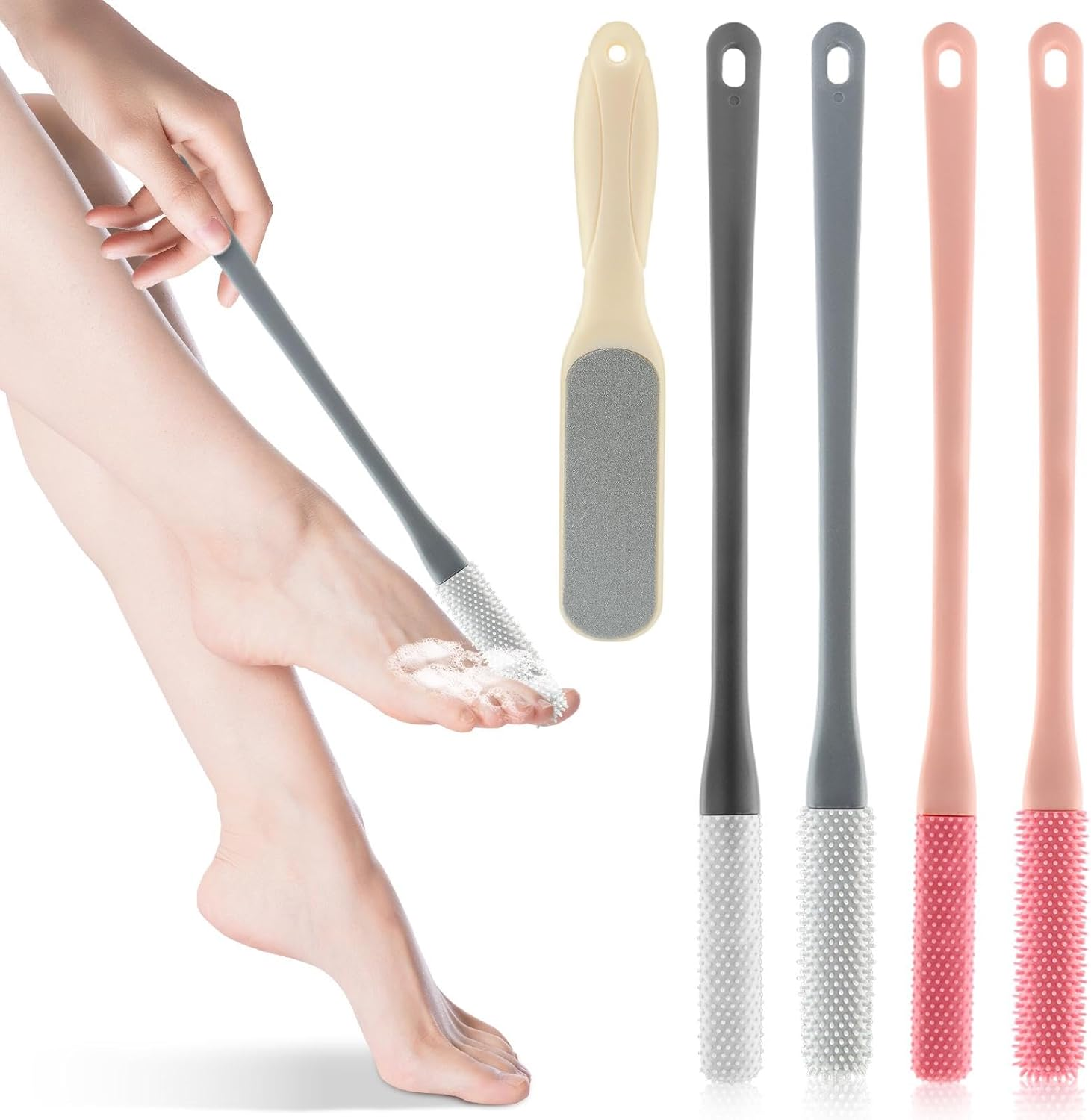 Toe Cleaning Brush with Long Handle, 4Pcs 15.7" Toe Cleaning Brush with 1 Double Side Foot File, Foot Brush Toe Scrubber for Seniors Elderly Men and Women(Color:Pink, Grey, White)