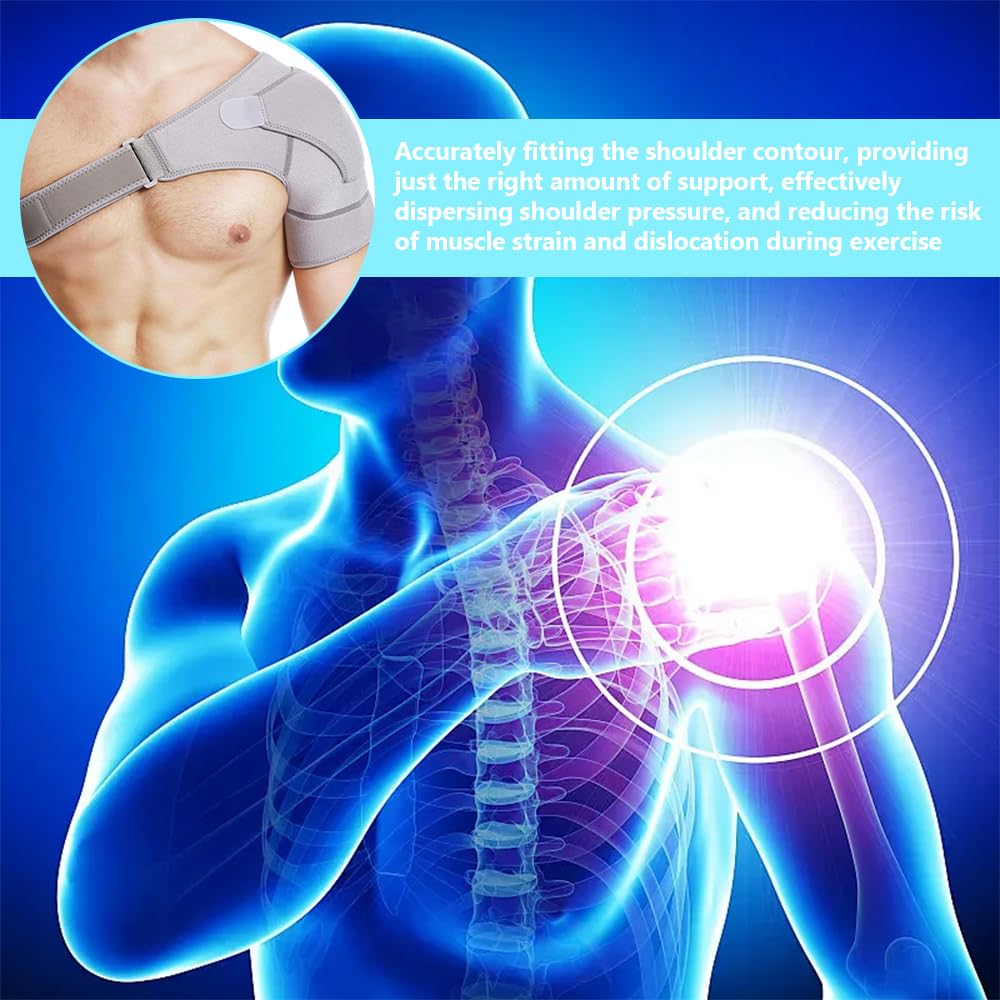 Adjustable Shoulder Brace for Men & Women, Breathable Neoprene Rotator Cuff Support with Compression Wrap, Relief for Shoulder Pain, Strains & Dislocation (Grey)