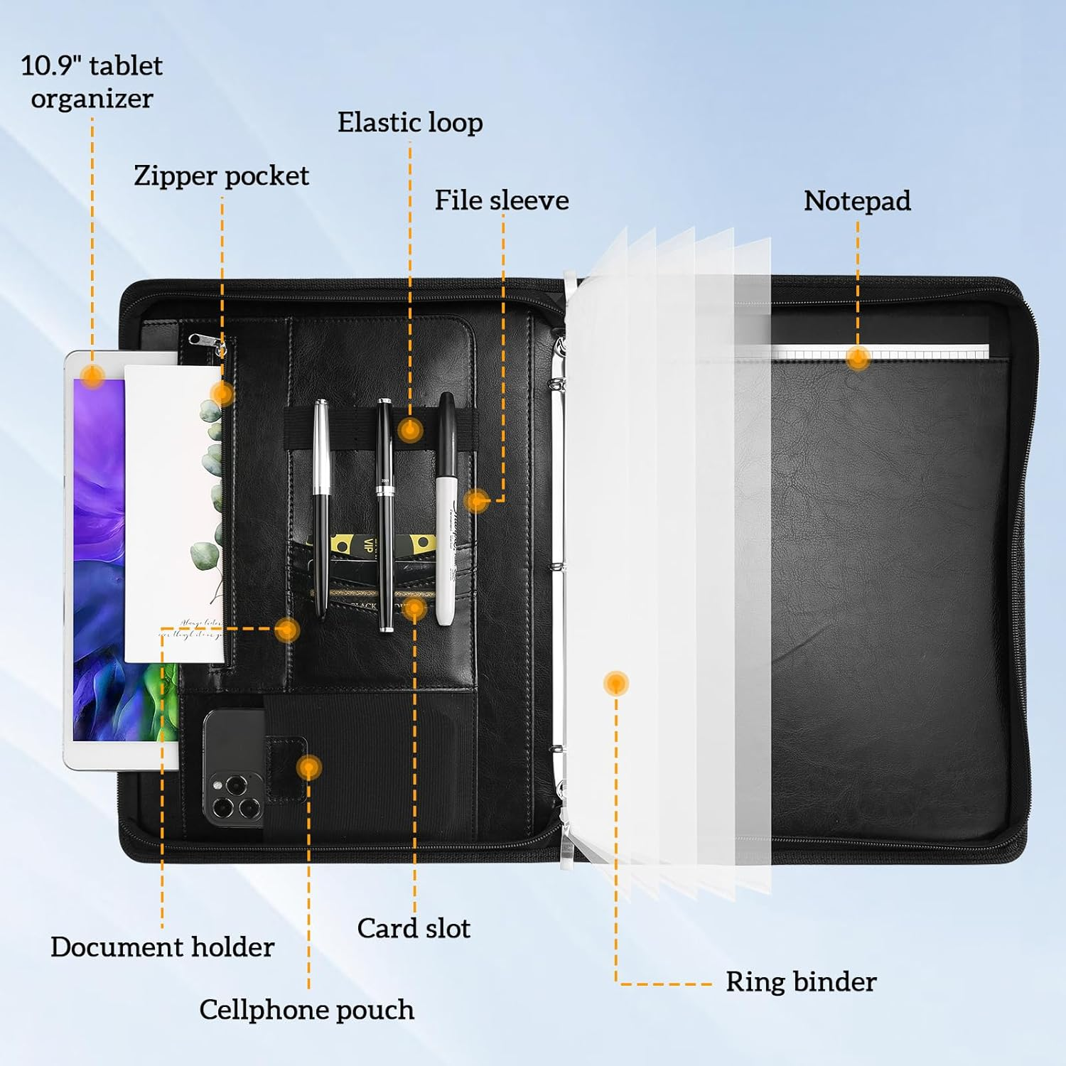 Procase Portfolio 3-Ring Padfolio Folder Organizer, PU Leather Business Planner A4 Notepad Zipper File Binder Clipboard Removable Document Sleeve for Resume Interview Meeting -Black image number 2