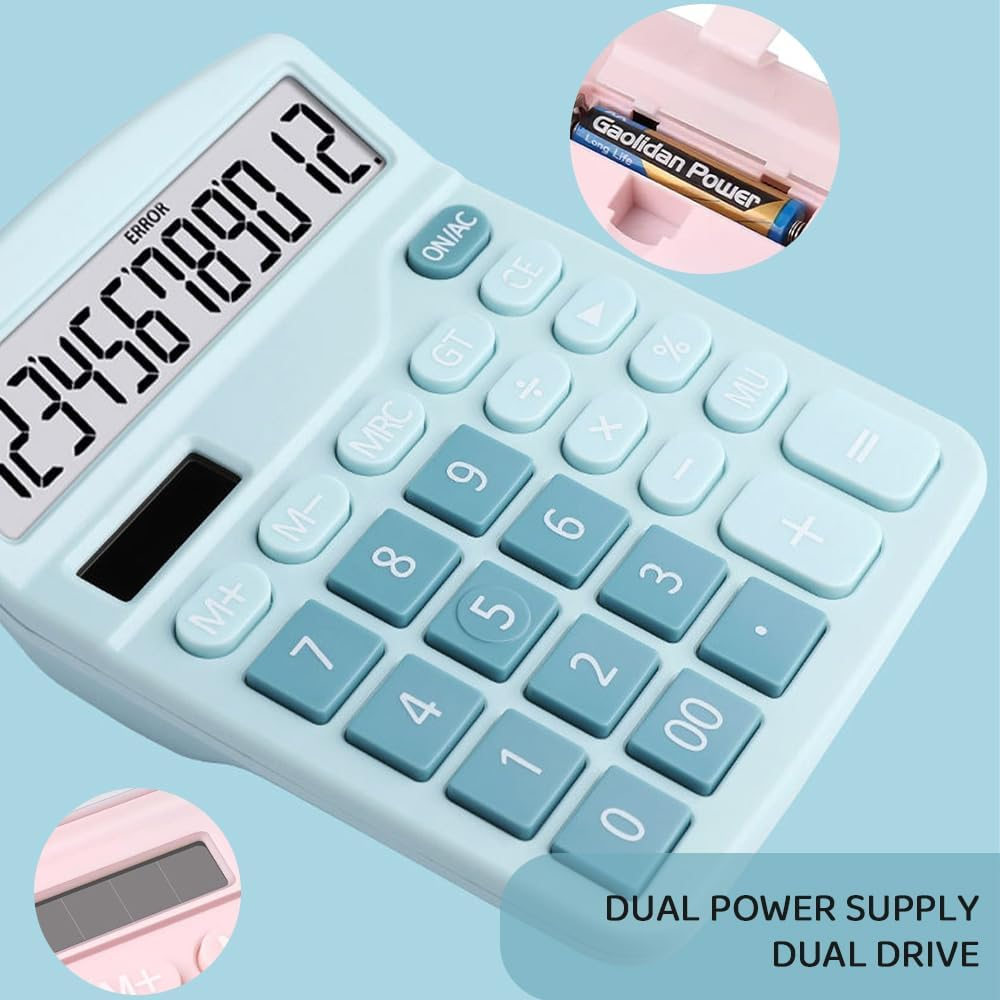 2-Pack Desktop Calculators &ndash; Dual Power Solar & AA Battery, 12-Digit Large LCD Display, Sensitive Buttons &ndash; Perfect for Office, School, Home Use (1 Blue & 1 Pink) image number 2