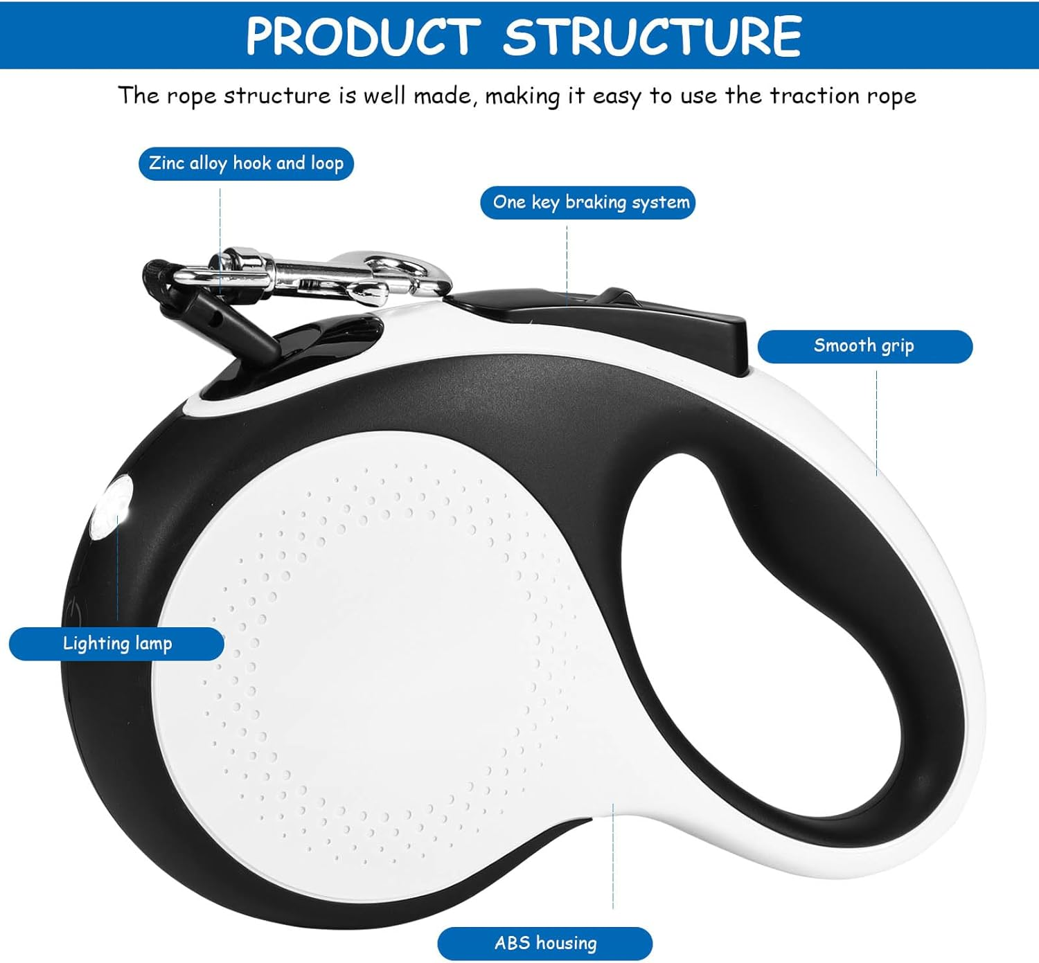 Viitech Dog Lead 5 M, 360&deg; Tangle-Free Flexi Lead with LED Light, Retractable Pull Rope with Non-Slip Handle for Medium Large Dogs up to 30 Kg image number 5