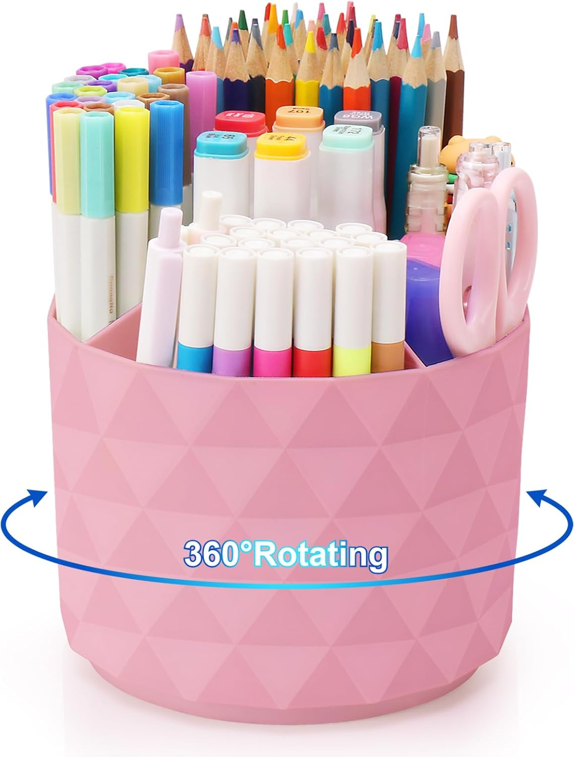 Nuozme Desk Organizer, 360-Degree Rotating Pencil Pen Holders for Desk, Diamond Pattern Pen Organizer with 5 Compartments, Cute Desk Accessories Decor for Office, School,Home,Art Supply (Pink)