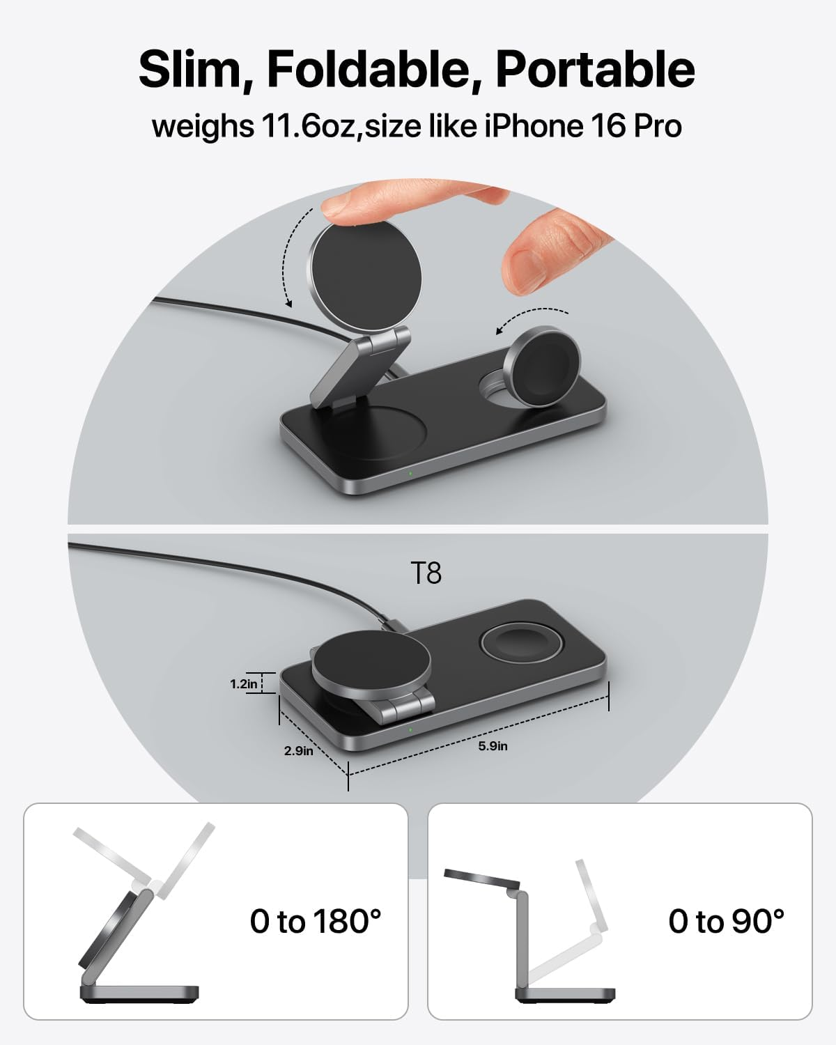 Keepro for Magsafe Charger,3 in 1 Wireless Charger,Foldable Wireless Charging Station for Iphone Air/17/16/15/14/13/12,Travel Magnetic Charger for Airpods Pro 3/2 and Apple Watch (Black) - Neon Pink image number 5