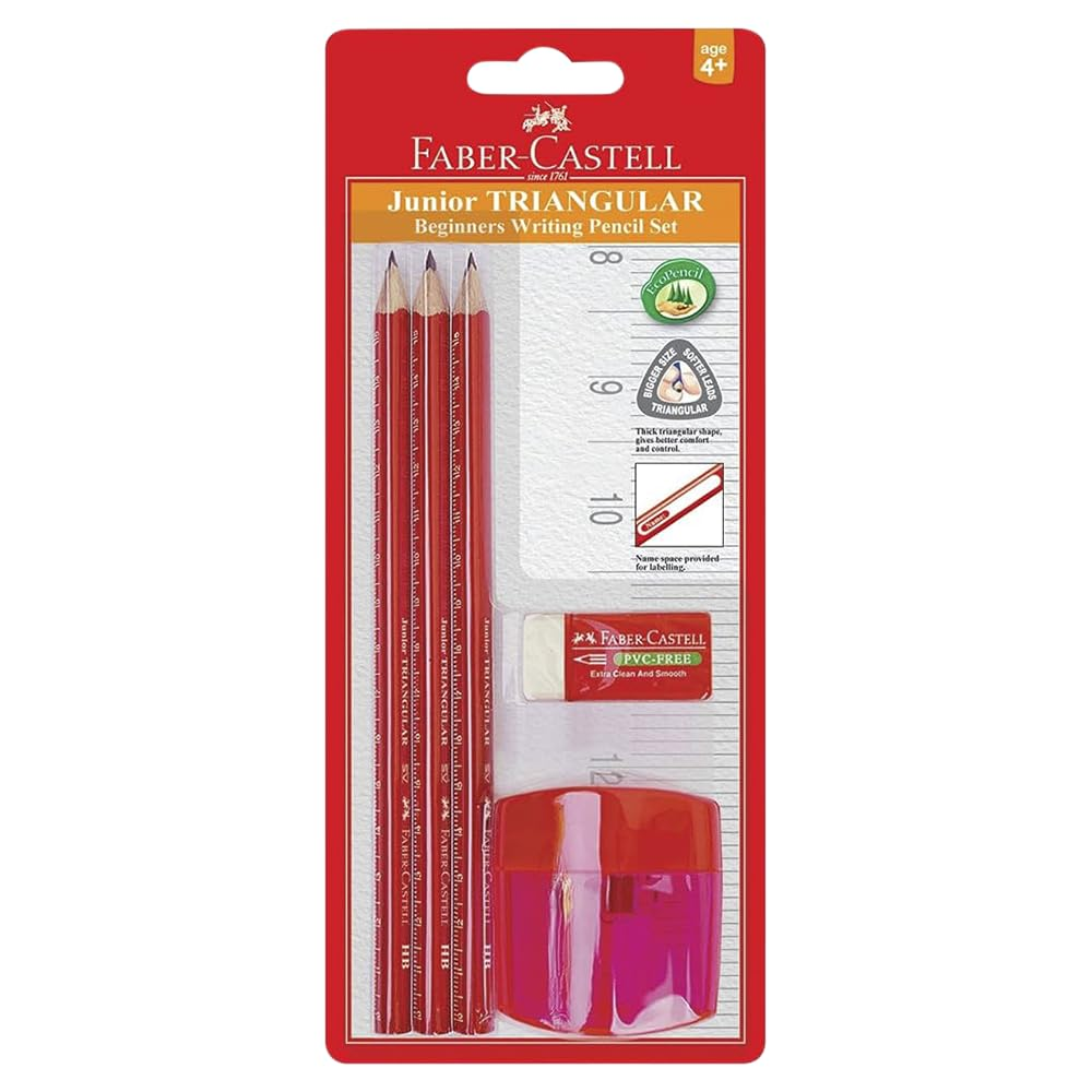 Faber-Castell Ergonomic Junior Triangular Graphite Pencil Set, 2B &ndash; 3 Graphite Pencils 2B, 1 Pvc-Free Eraser and 1 Sharpener, (89-116535) - 5 Piece Set (Pack Of 2) image number 1