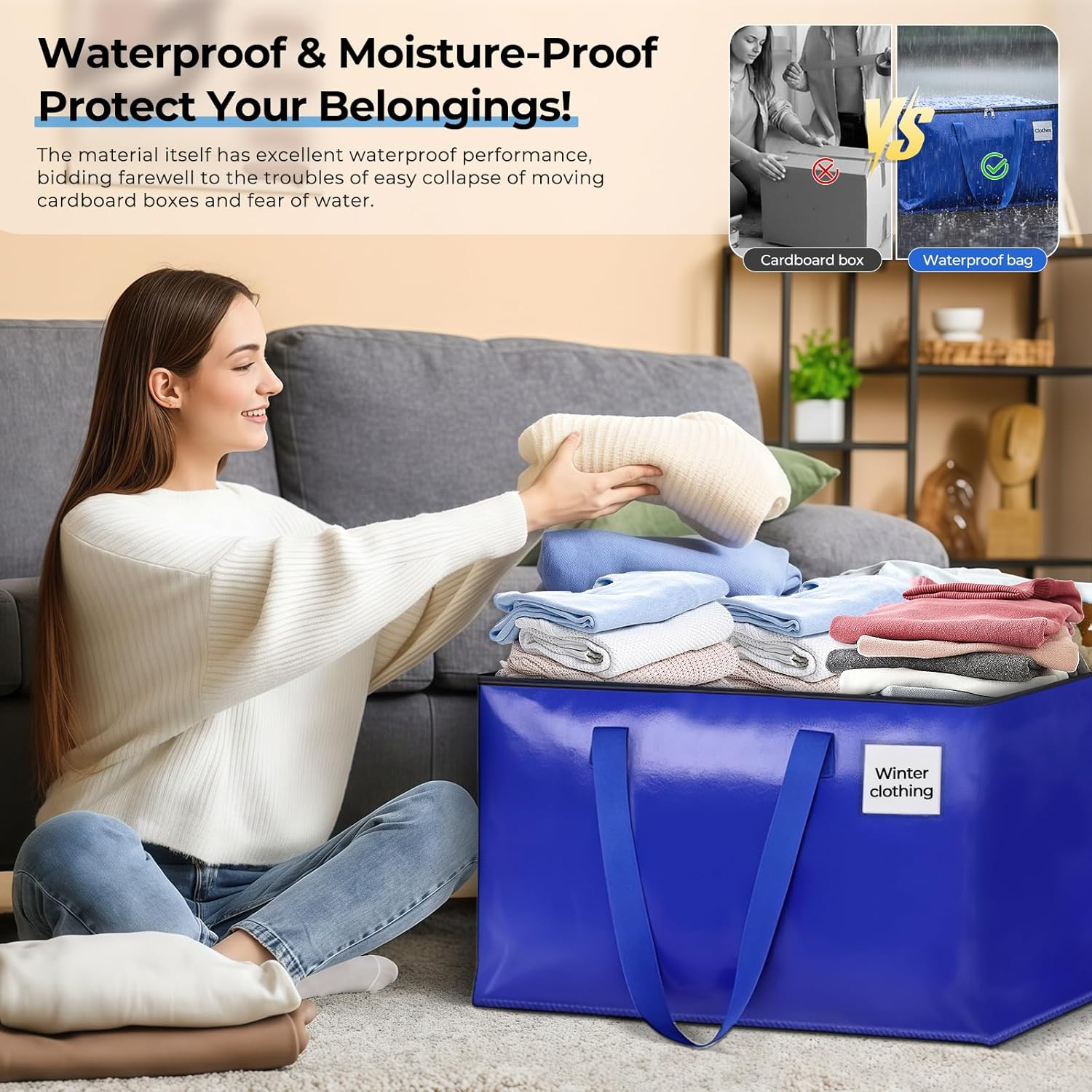 Focenat 93L Large Woven Storage Bag, Pack of 6 Moving Bags with Handles and Zips, Waterproof Transport Bag, Moving Bags for Moving Duvets, Clothes Storage (Blue) image number 3