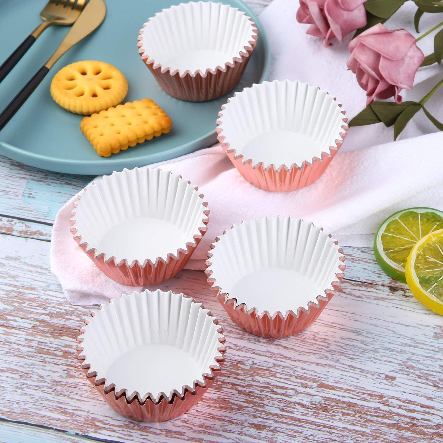 Muffin Liners for Baking 100Pcs Mini Foil Cupcake Cases Muffin Liners Nonstick Rose Gold image number 5