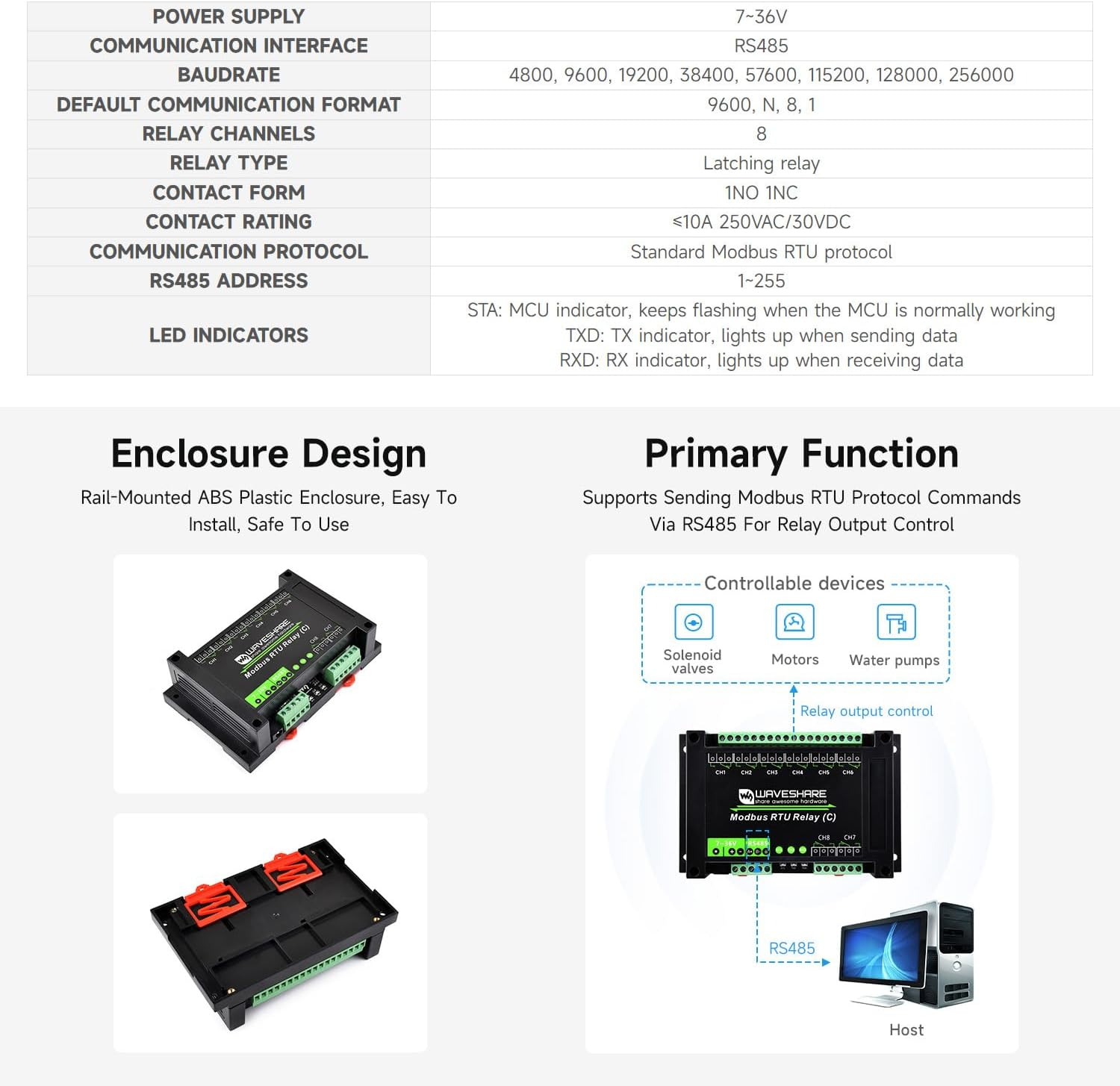 Waveshare Industrial Modbus RTU 8-Ch Module (E) with RS485, 30A High Current, Multi Isolation Protection image number 1