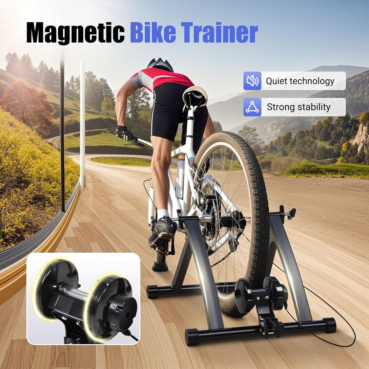Advwin Bike Trainer Stand for Indoor Riding, Magnetic Stationary Bike Stand W/6 Level Resistance for 26-29" & 700C Wheels, Stable Cycling Trainer -Include Quick Release & Front Wheel Riser image number 1