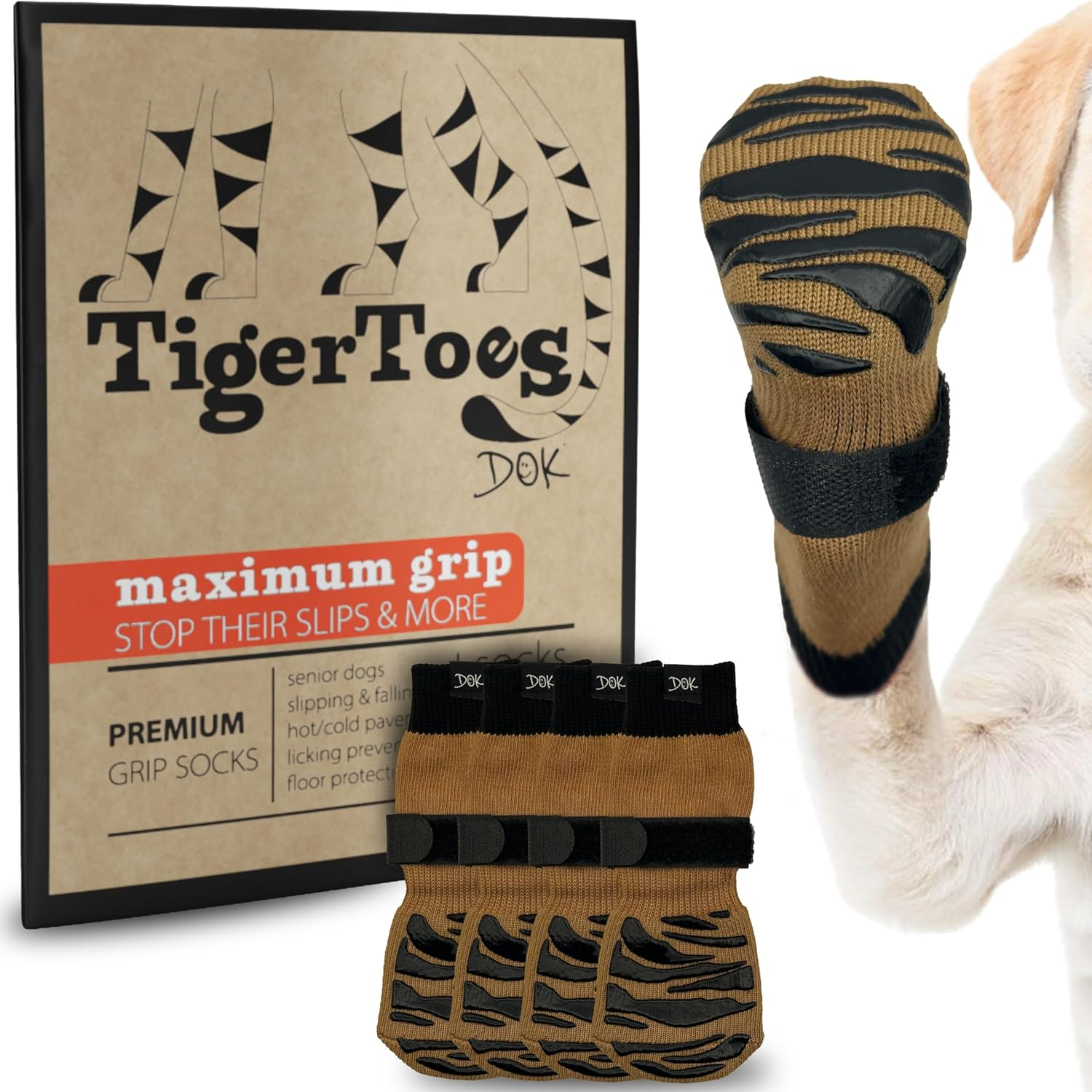 DOK Tigertoes Premium Non-Slip Dog Socks for Hardwood Floors - Extra-Thick Grip That Works Even When Twisted - Prevents Licking, Slipping, and Great for Dog Paw Protection (Cool Caramel, Large) image number 2