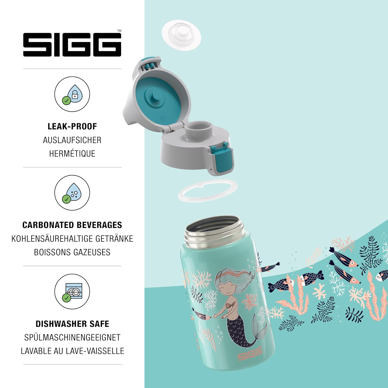 SIGG - Kids Water Bottle - Shield ONE Atlantis - Leakproof - Lightweight - BPA Free - Stainless Steel - Light Blue with Mermaid - 17 Oz - Fly Away image number 5