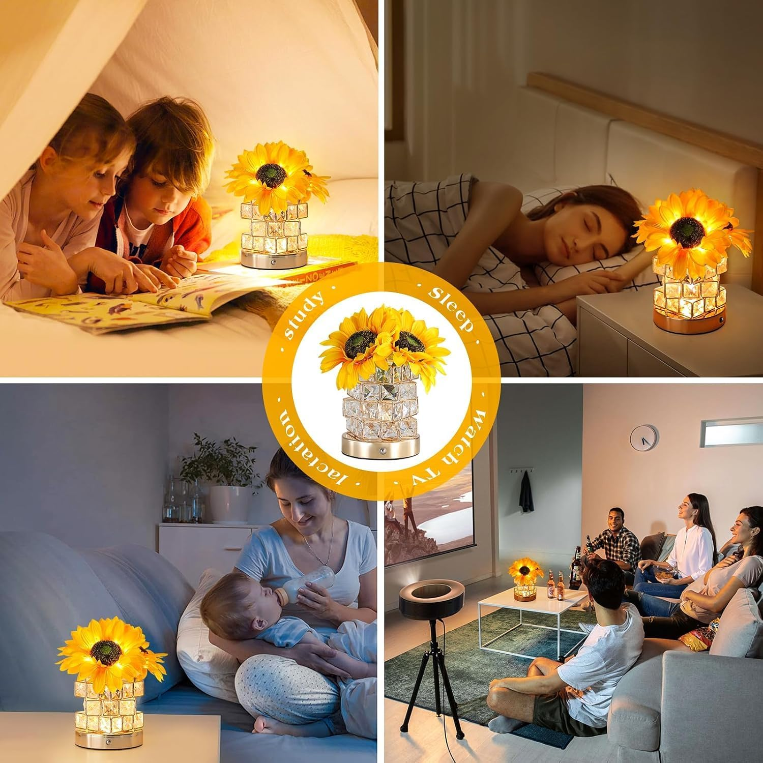 Sunflowers Flower Lamp, USB Rechargeable Cordless Lamp, 3 Colours Infinitely Dimming Small Night Light, with Artificial Crystal Vase, Festival Restaurant Bedroom Birthday Gifts for Women Mom (Yellow) image number 6