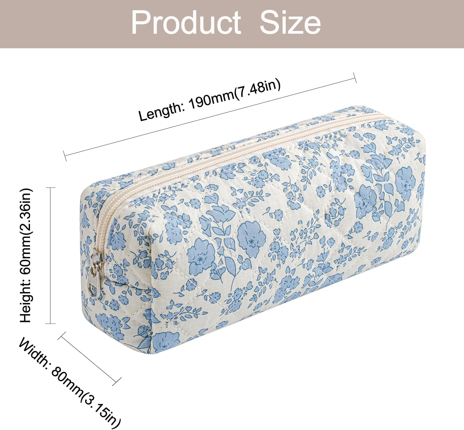 WHHJM Cute Floral Makeup Brush Bag Small Cotton Quilted Cosmetic Bag for Women Travel Toiletry Zipper Make up Pouch, Blue Floral - Blue Bowknot Rose image number 3