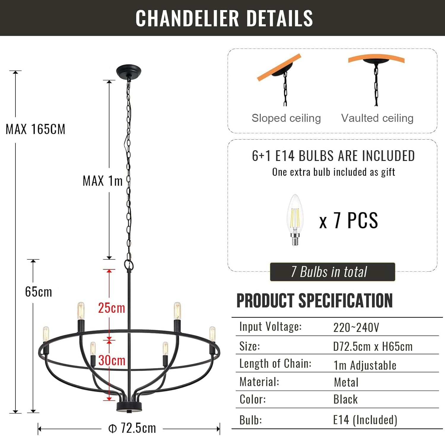 USOR 6-Light Black Chandelier Vintage Candle Farmhouse Iron Pendant Ceiling Light Fixture Wagon Wheel Chandelier over Table for Dining Room Living Room Kitchen D72.5Cmxh65Cm E14 Bulbs Included