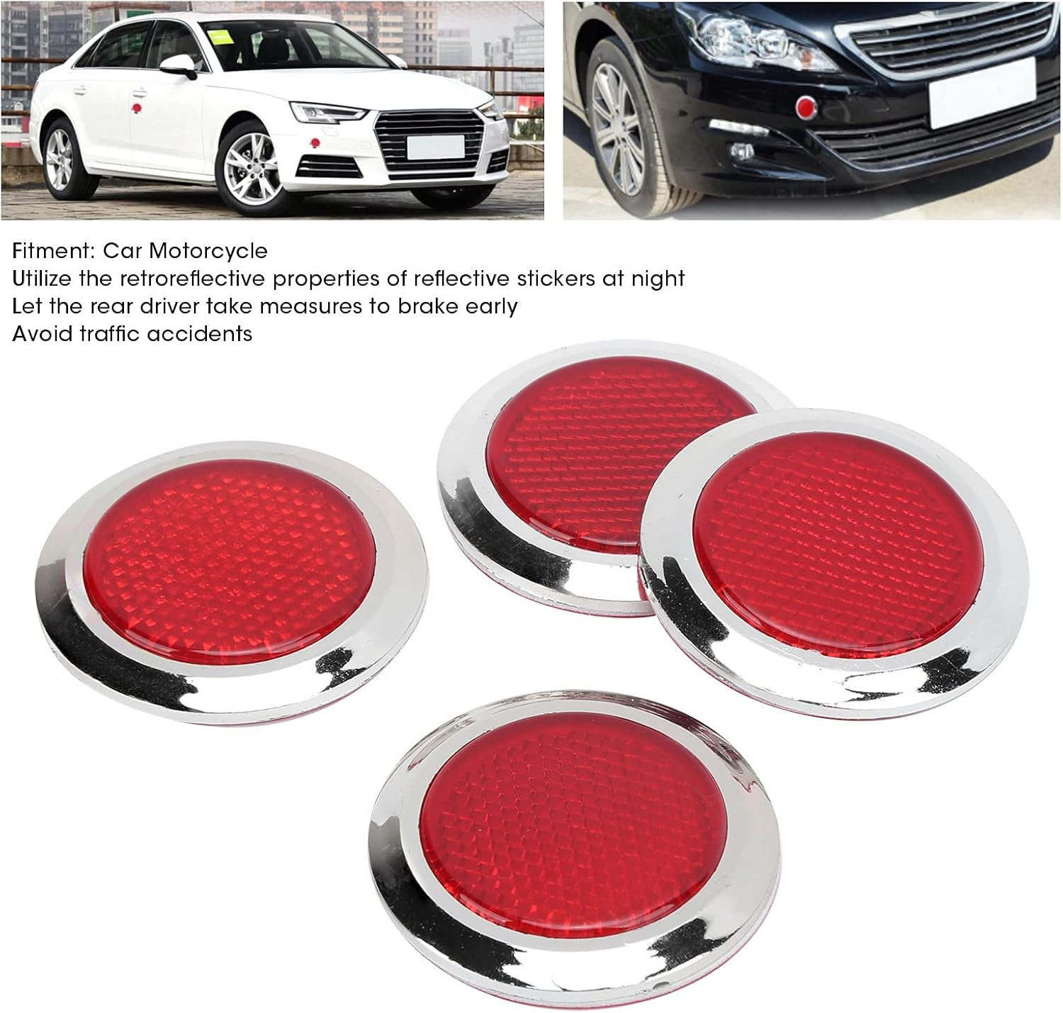 4PCS Red Reflector, ABS Chrome Trim Reflective Sticker Reflector Holder High Visibility round Reflective Protection Universal for Automobile Motorcycle image number 2