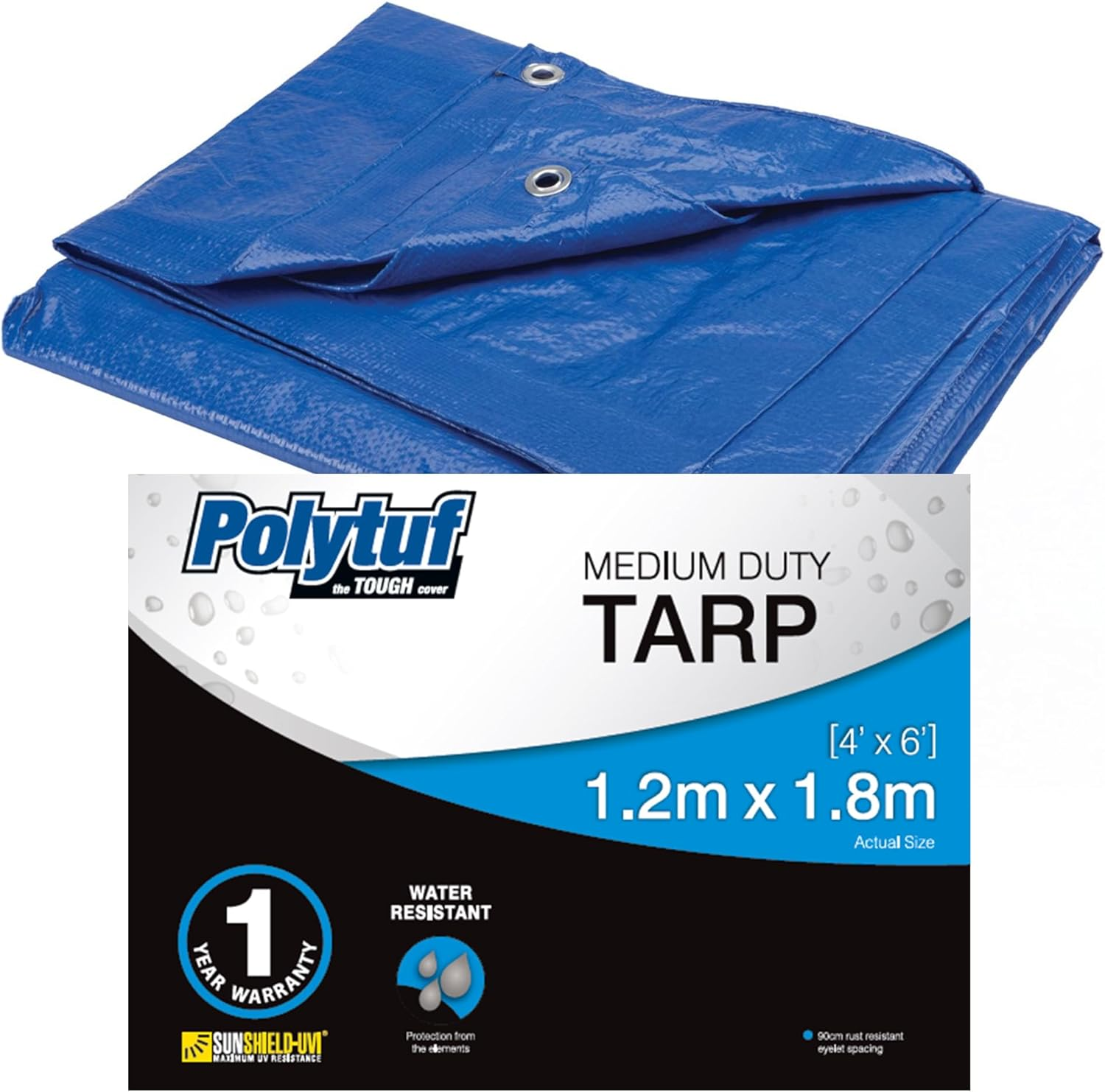 Polytuf Medium Duty Tarpaulin, Waterproof and Mildew Resistant, UV Resistant, High-Density Woven Polyethylene - Tarp Cover for Outdoor, Roof, Camping and More - with Grommets, 1.2 X 1.8M image number 2