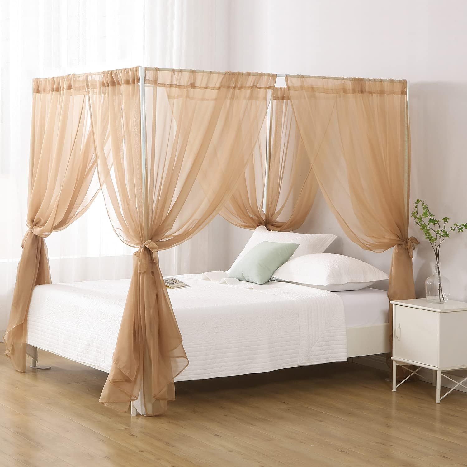 WANFASO Princess Chiffon Bed Canopy, Canopy Curtains for Queen Bed Adults, 4 Post Bed Drapes Room Decor(Light Coffee) image number 1