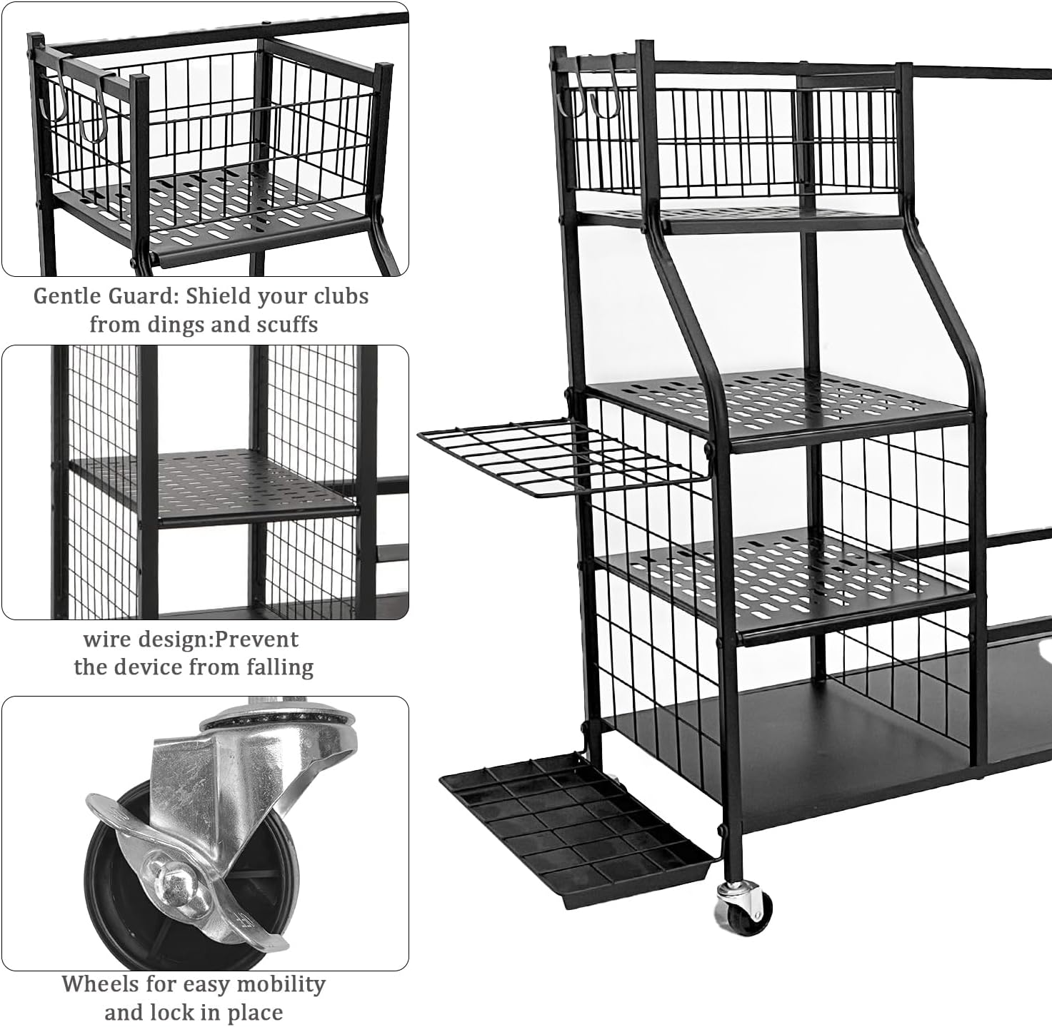 Golf Storage Organizer Golf Bag Storage Stand Golf Bag Organizer Garage Sport Equipment Storage Rack with Wheels Golf Equipment Rack with 4 Removable Hooks Large Capacity for Golf Storage Accessories image number 3