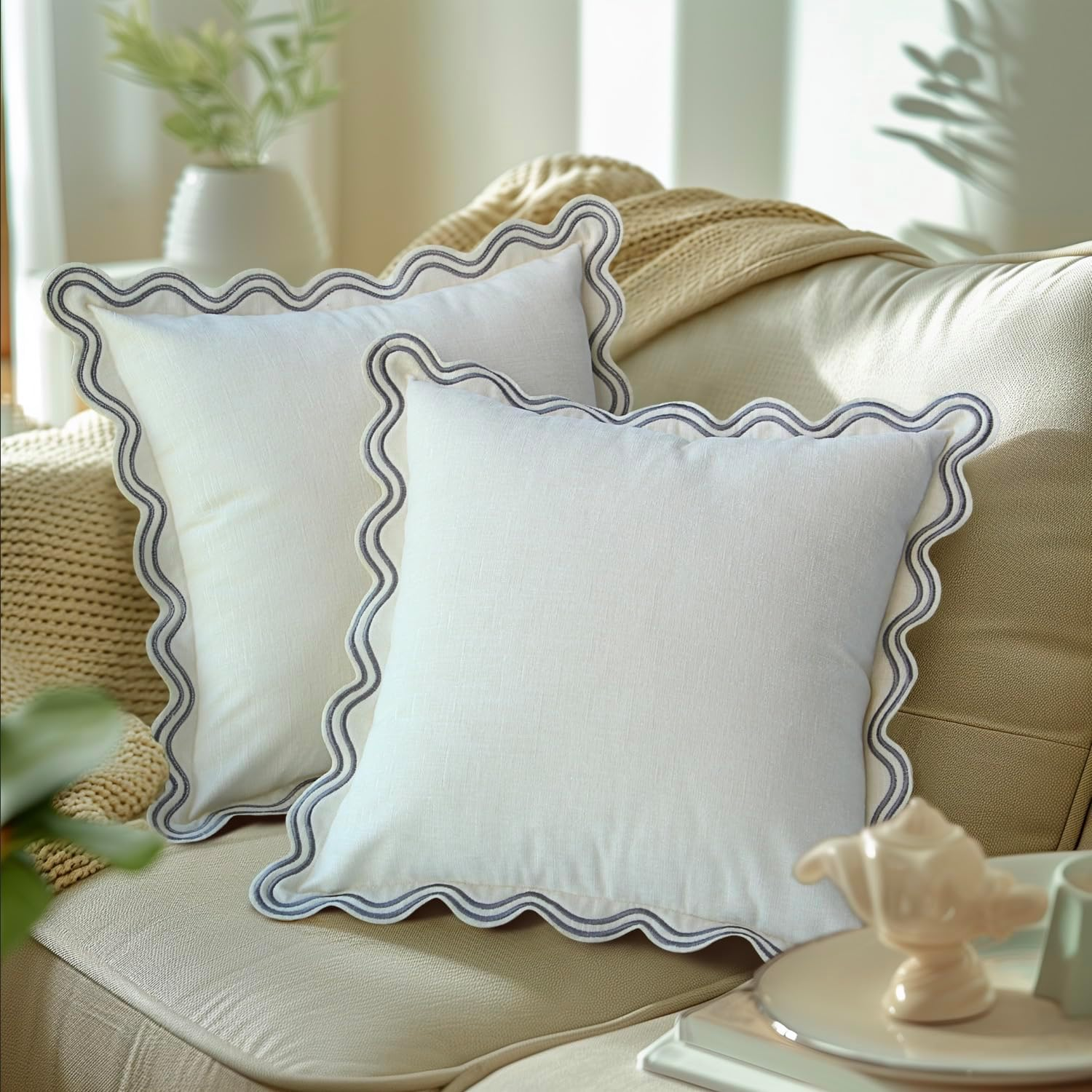 TINYSUN Scalloped Decorative Pillow Covers - Set of 2, Double-Sided Embroidered Scallop Design, Premium Chenille Cushion Covers for Living Room Sofa Couch Bed(Dusty Pink,18X18 Inch)