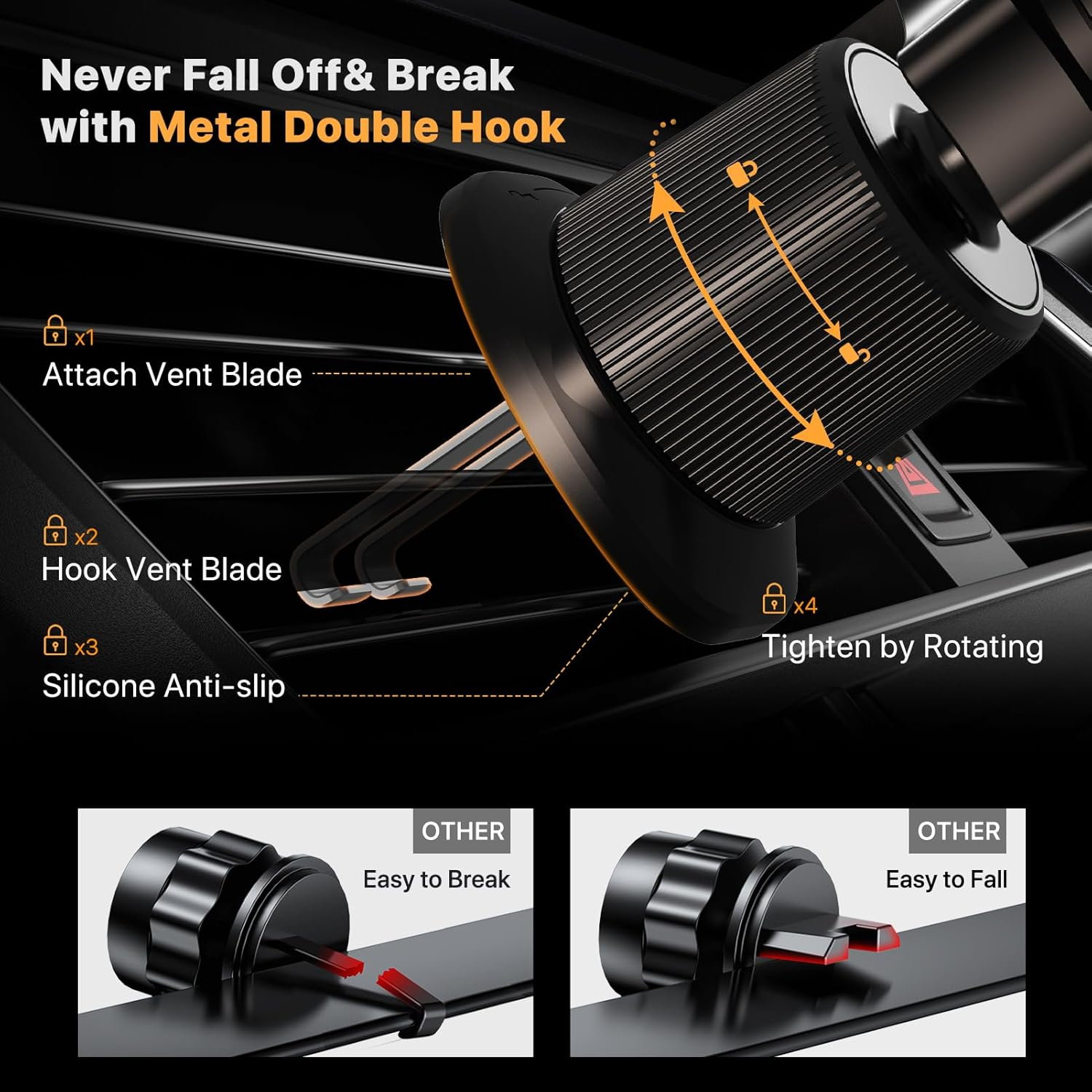 Miracase 2025 Car Phone Holder, Stable Double Steel-Hook Air Vent Car Phone Mount Cradle 360&deg;Rotation, One Button Release Mobile Phone Holder for Iphone, Galaxy, All 4.0''-7'' Smartphones image number 2