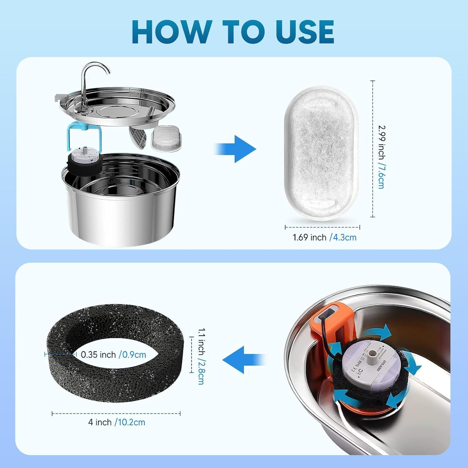 Cat Water Fountain Filters 8 Packs Filters & 8 Sponges Foam Filters for Stainless Steel 108Oz/3.2L & 67Oz/2L