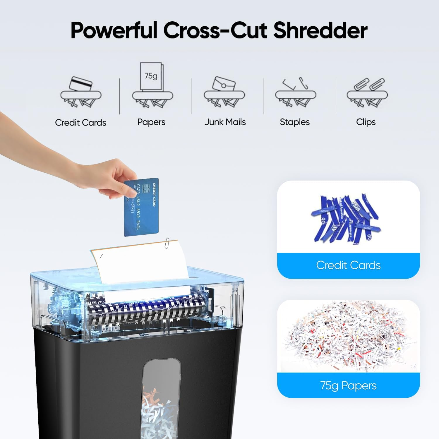 NUFECARG Paper Shredder for Home Office, 6-Sheet Cross Cut Shredder, P-4 Security Level, Heavy Duty Document Shredder with Jam Proof & Overheat Protection, Credit Card/Staple/Mail, 12L Bin image number 2