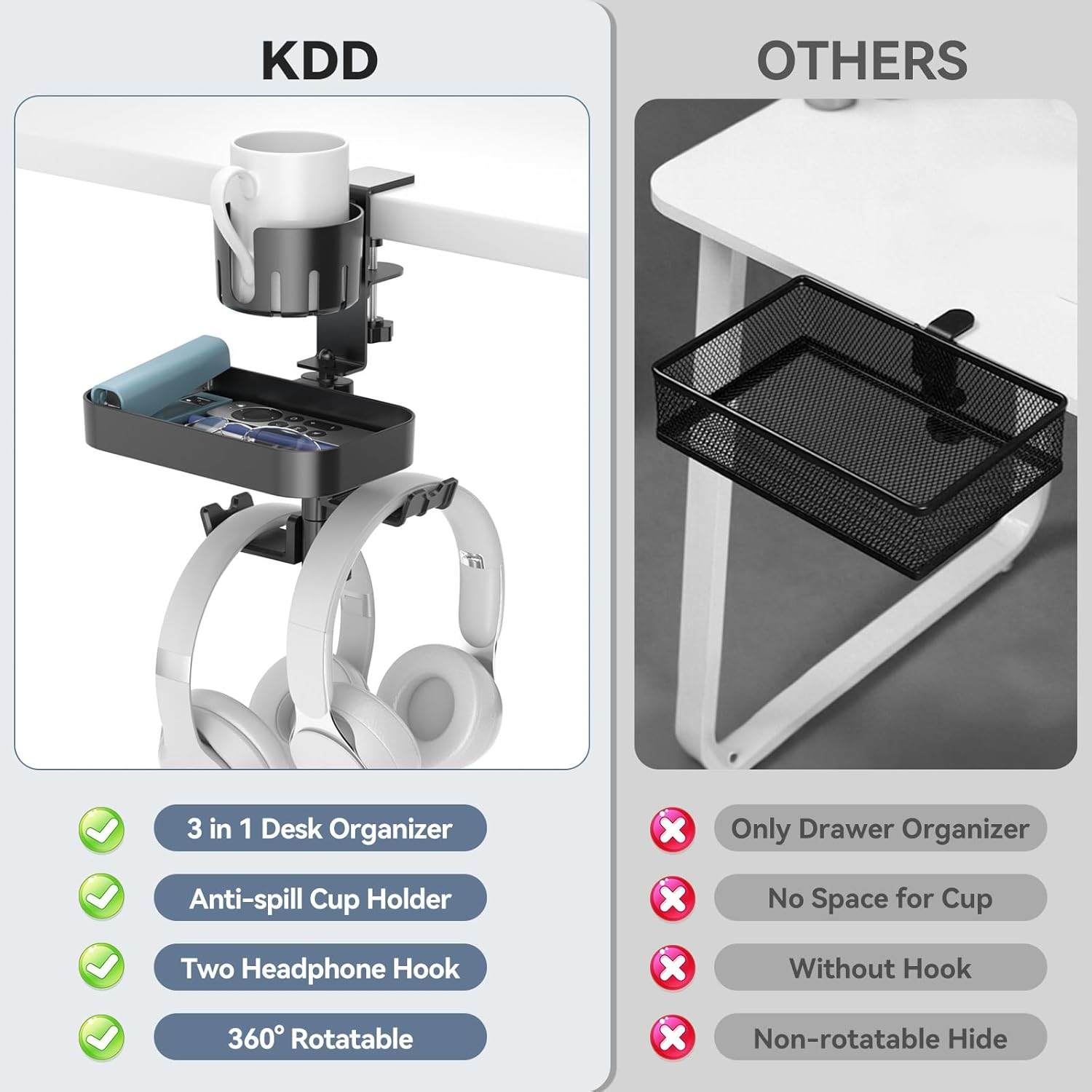 KDD Rotating under Desk Organizer with 2 Headphone Hook - Hidden Storage Drawer Tray with Cup Holder - No Drilling Sturdy Swivel C-Clamp Desktop Mount for Office School Home Game Room Accessories image number 3