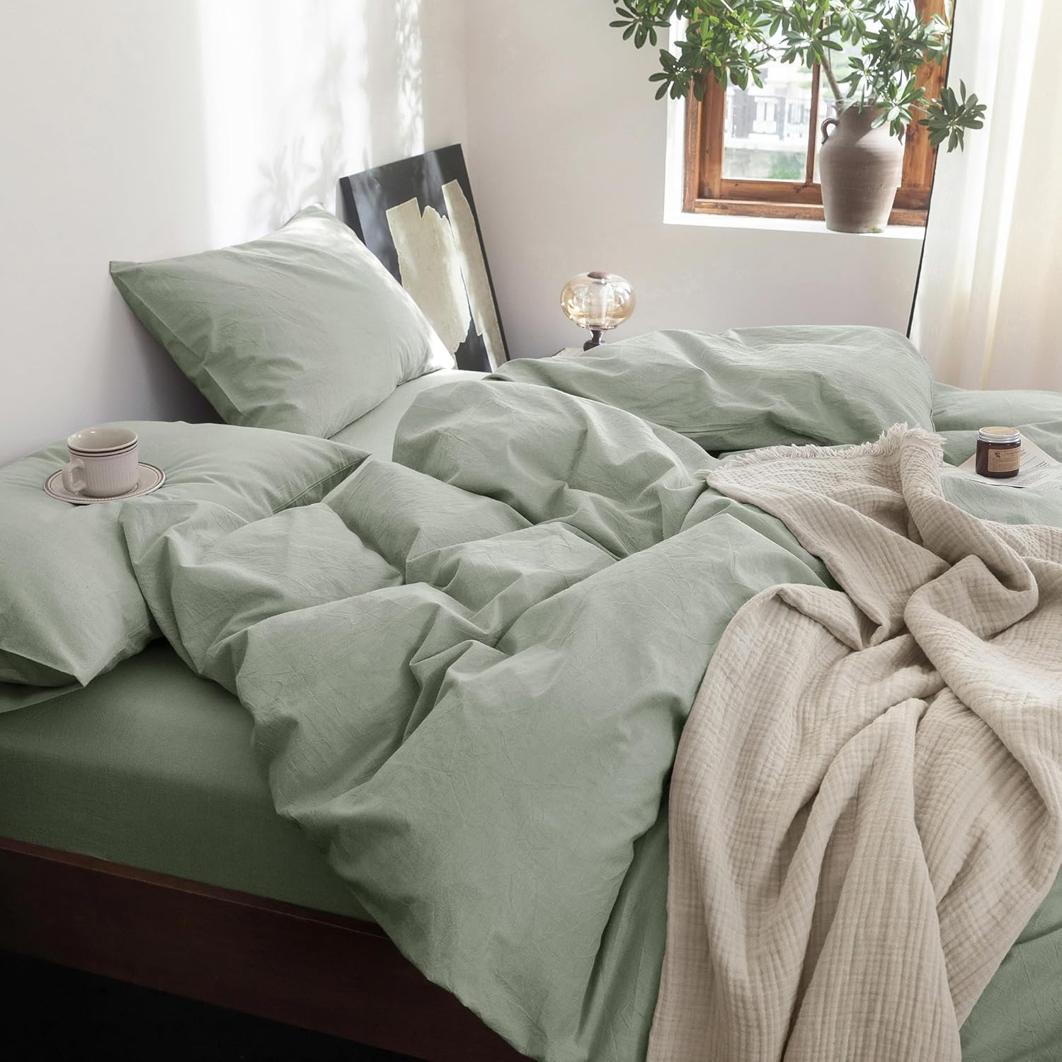 FOSSA Duvet Cover Set 100% Washed Cotton Linen Feel Super Soft Breathable Cozy 3 Pieces Bedding Sets Solid Sage Green Queen image number 4