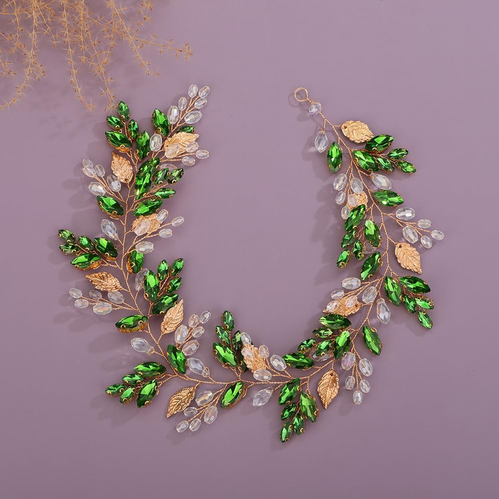 Teyglen Leaf Bride Wedding Hair Vine Bridal Crystal Headband Handmade Gold Leaf Crystal Beads Hair Piece Bohe Rhinestone Headpieces Wedding Hair Accessories for Women Girls, Alloy, Rhinestone, Leaf,