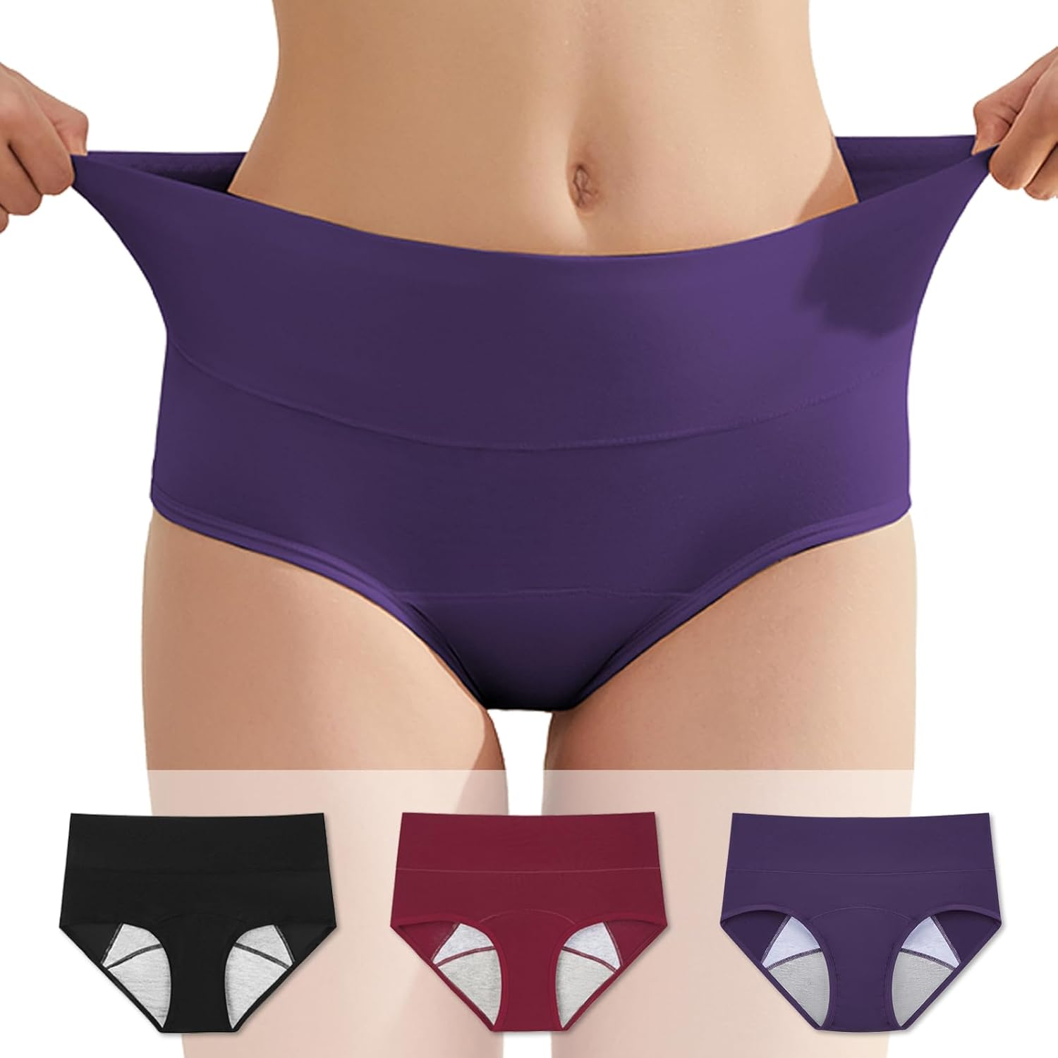 Washable Period Cotton Underwear,S-5Xl,Leakproof High Waisted Panties for Absorbency Incontinence,Menstrual,Postpartum (Black/Purple/Red, Large) image number 4