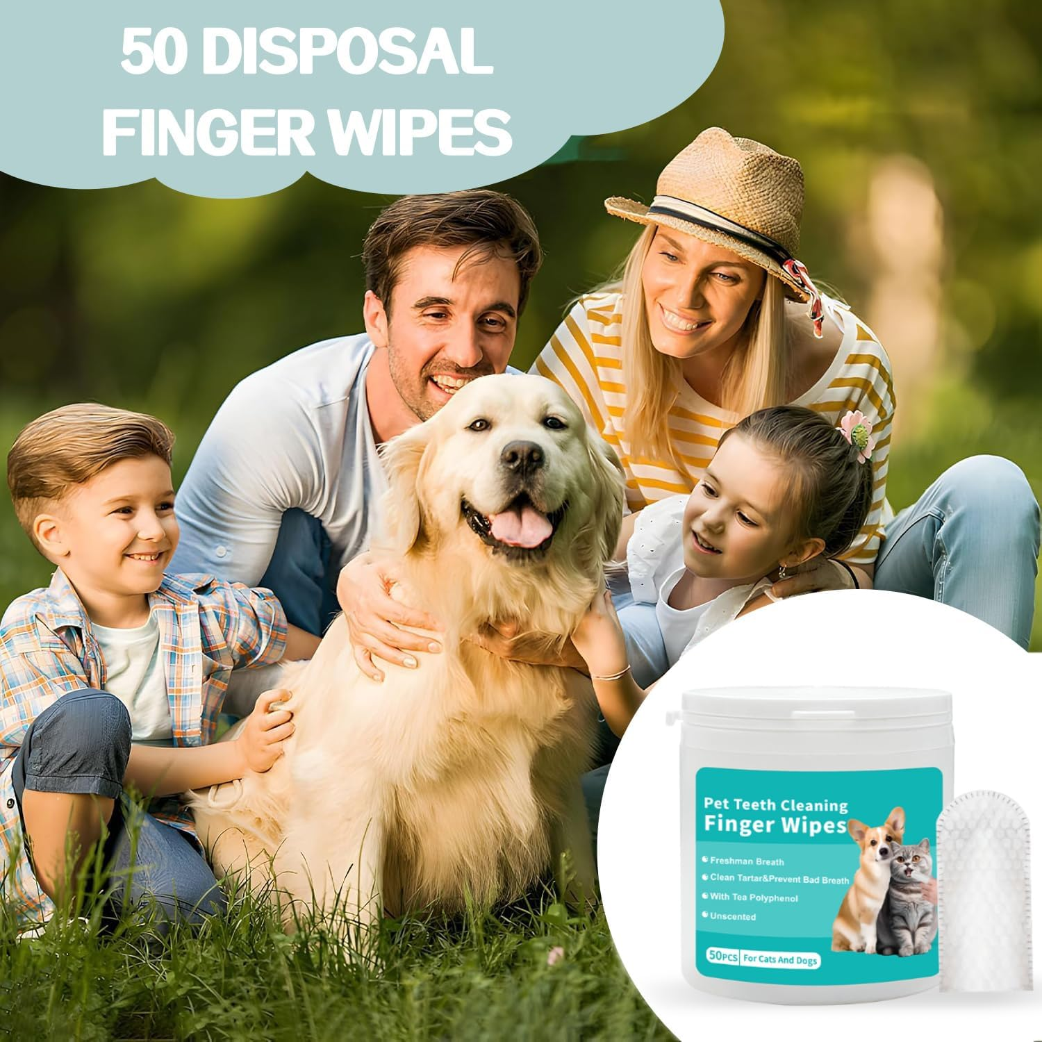 50 Pieces Pet Teeth Cleaning Finger Wipes for Cats and Dogs, Unscented, Fresh Breath image number 1