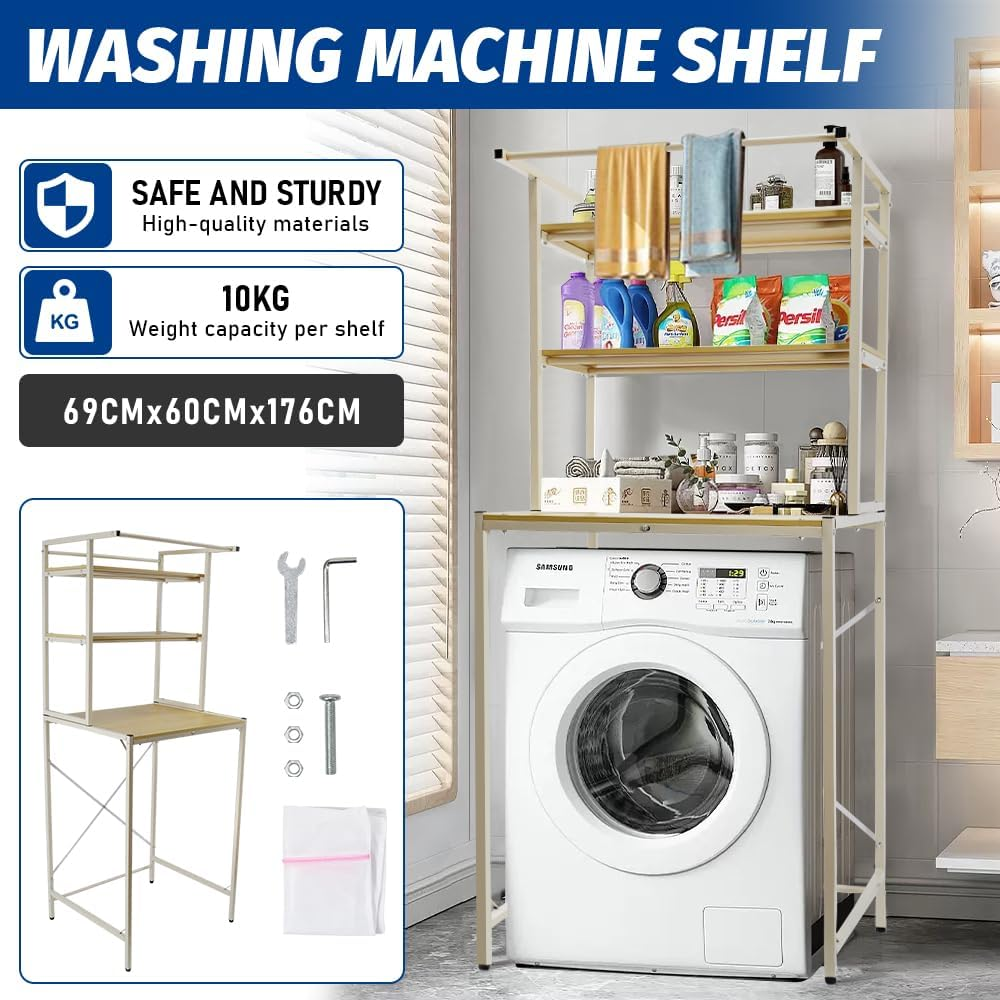 ALSTON Washing Machine Storage Rack 3 Tier Laundry Room Storage Shelf, Freestanding Oven Laundry Machine Organizer Rack Space Saving Bathroom Organiser Towel Shelves, 175X69X60Cm image number 6