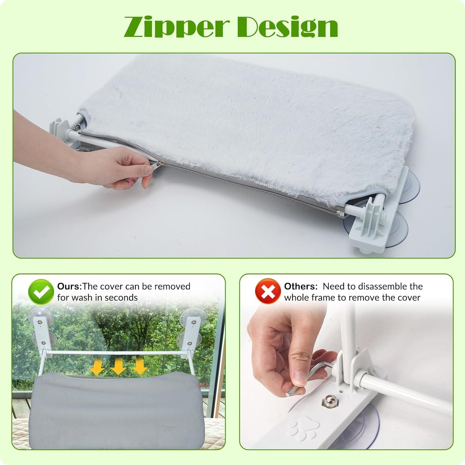 Cordless Cat Window Perch,Foldable Cat Window Hammock with 4 Suction Cups,Reversible Cover with Two Different Kinds of Fabrics,Solid Metal Frame Cat Bed for Cats Inside,Grey image number 3