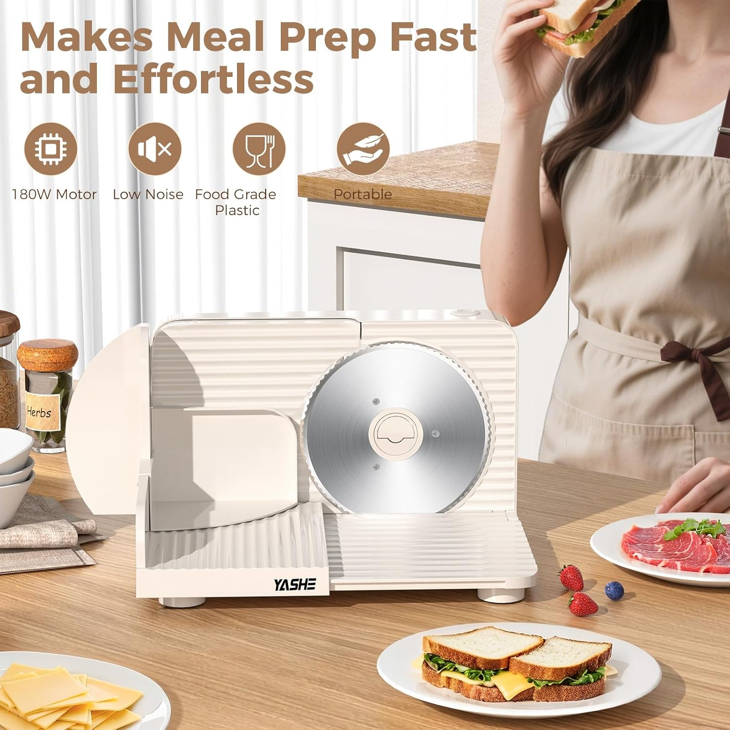 YASHE 180W Electric Home Slicer with Serrated Blade 17Cm, Adjustable Thickness 0-15Mm, Easy to Clean and Safe Design for Meat, Cheese, Bread, Vegetables image number 4
