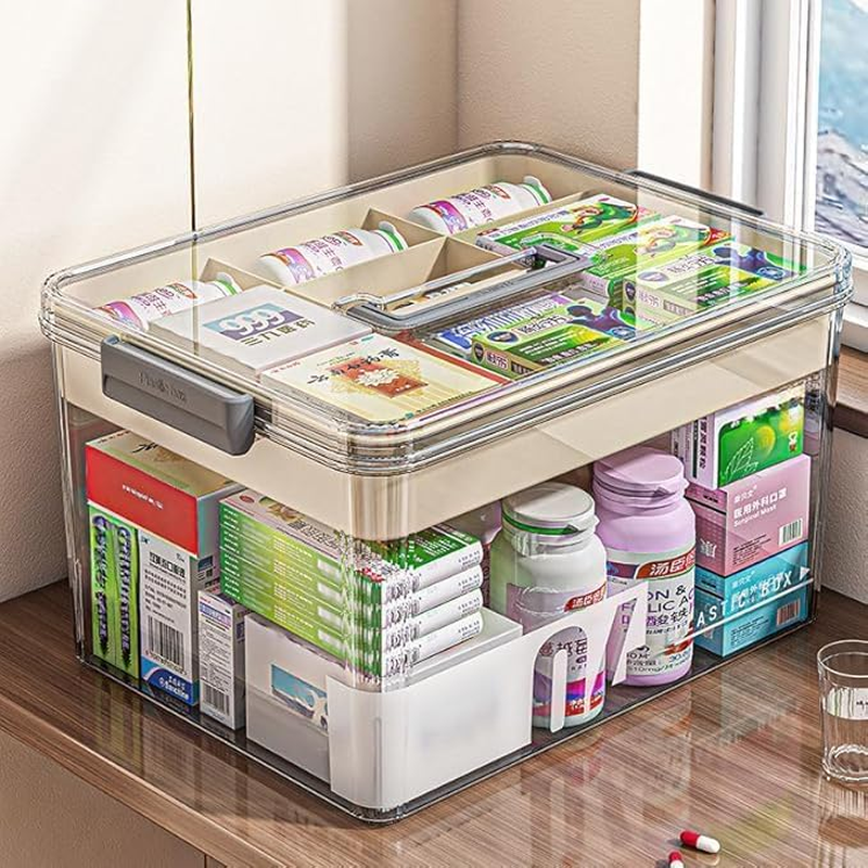 CARRORABI Medicine Storage Box with Handles & Multi-Layer, Large Capacity Plastic Pills Box, Household Portable Medical Storage Box for Sundries, Household Storage Organizer for Bedroom 1Pc