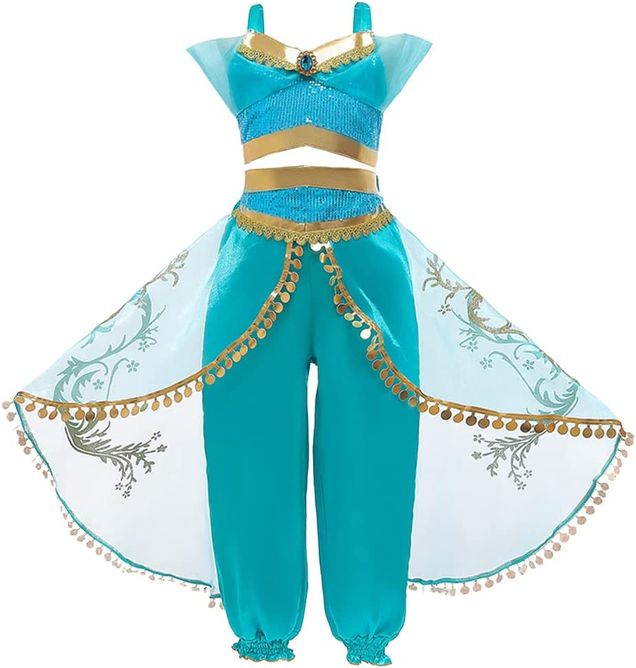 AUTOWT Belly Dance Jasmine Costume, Sequined Princess Dress up Cosplay Aladdin Halloween Party Sleeveless Arabian Outfit Dress Cyan Skirt for Girls image number 6