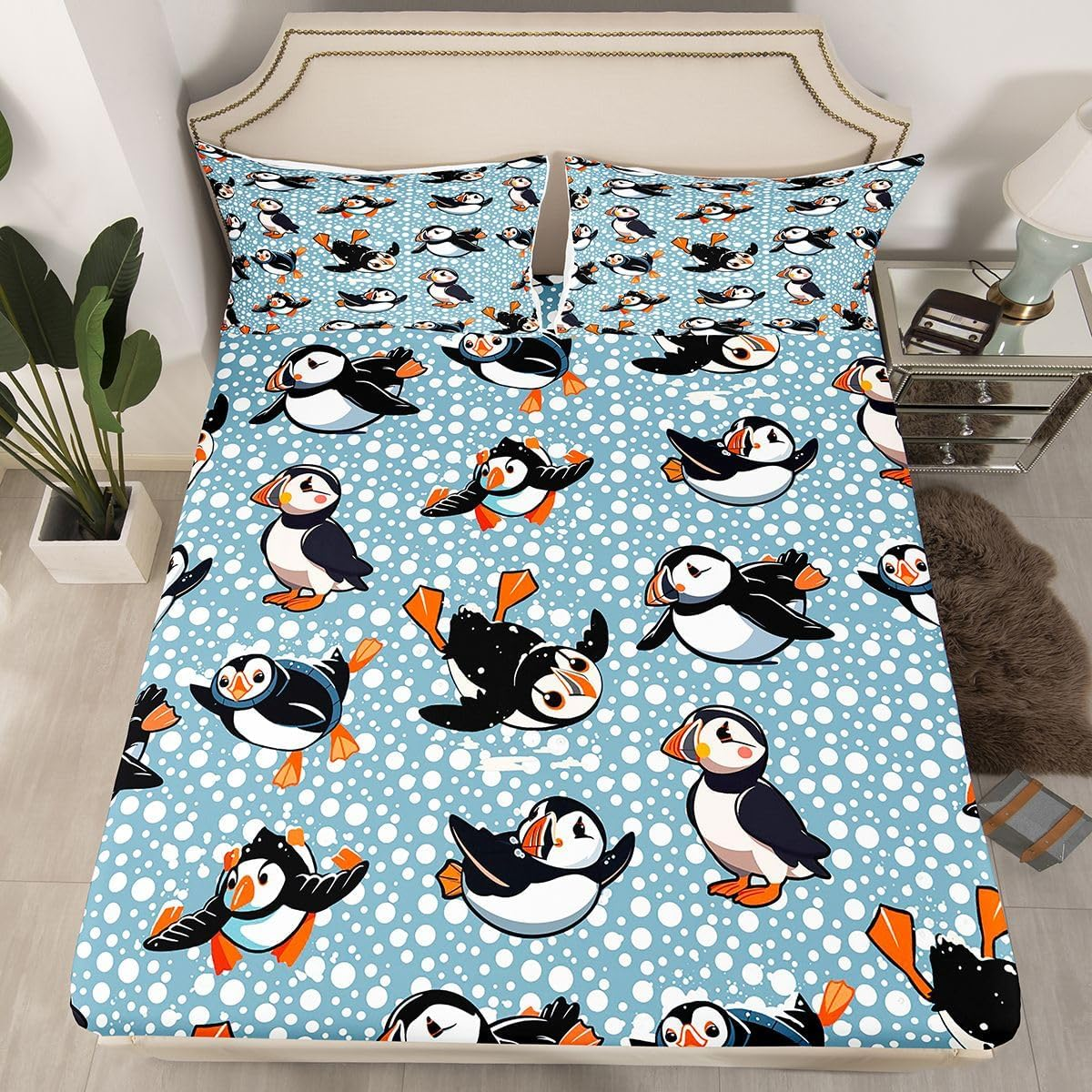 Puffin Bed Sheet Set Twin Size Puffin Bird Drawing Fitted Sheet for Kids Boys Girls Decor Cute Animal Theme Bedding Set Microfiber Polar Animal Bed Cover Bedroom