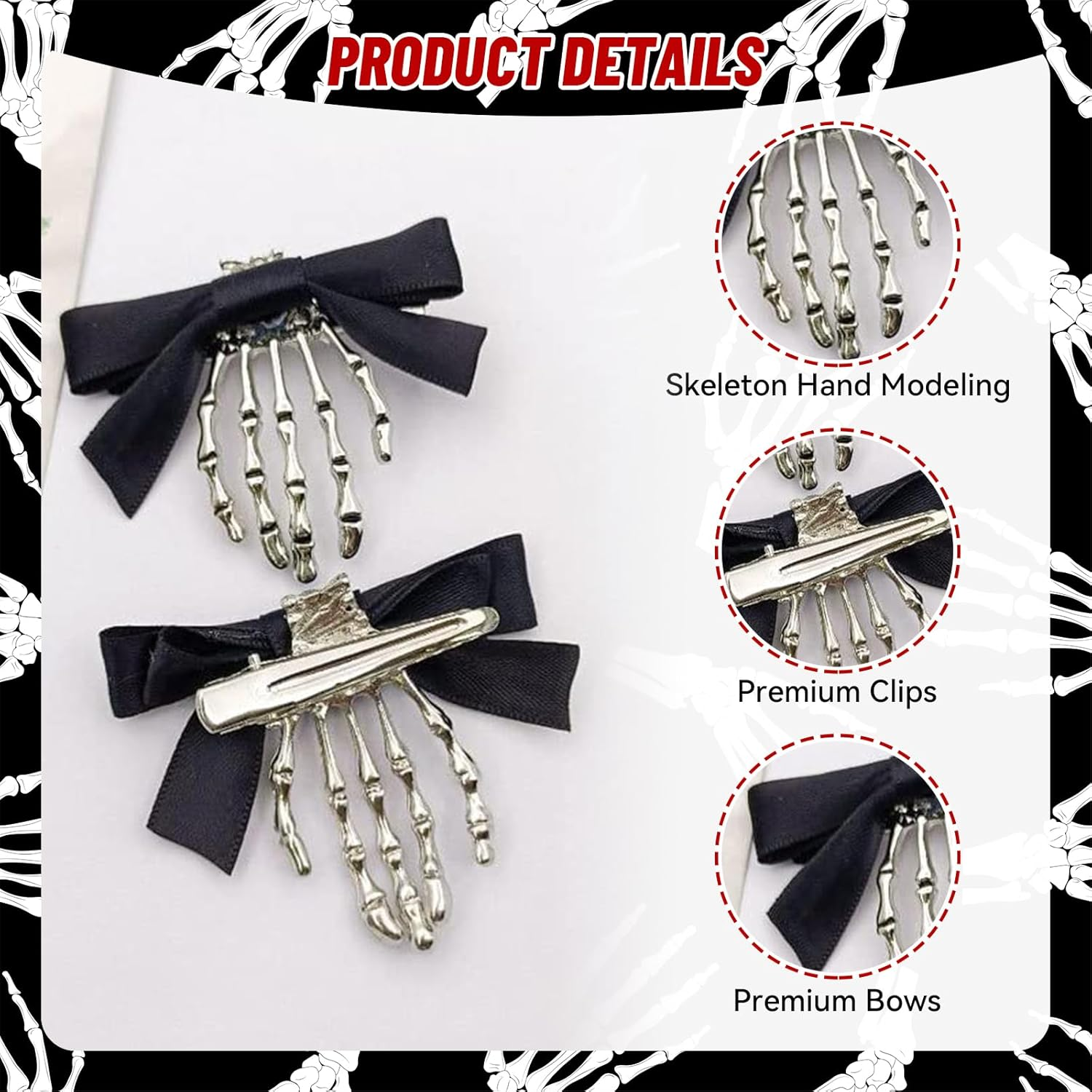 Charmburst Pack of 2 Skeleton Hand Hair Clips with Bow, Skull Hair Claw for Girls, Gothic Hair Accessories, Spider Hair Clip, Emo Y2K Accessories, Spider Web Claw Clip image number 2