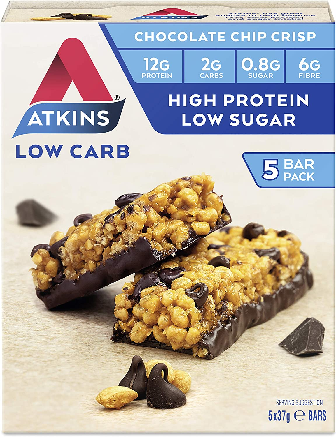 Atkins Chocolate Chip Crisp Bars | Keto Friendly | 5 X 37G Low Carb Chocolate Bars | Low Carb, Low Sugar, High Protein, High Fibre | 5 Bar Pack image number 3