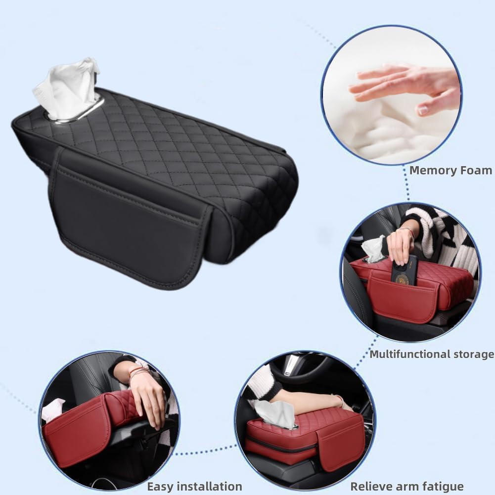 Car Console Armrest Pad with Tissue Box,Car Center Console Cushion with Pocket and Tissue Box,Universal Waterproof Leather Auto Armrest Seat Box Protector,Car Armrest Cover for SUV, Truck (Khaki) - Grey image number 6