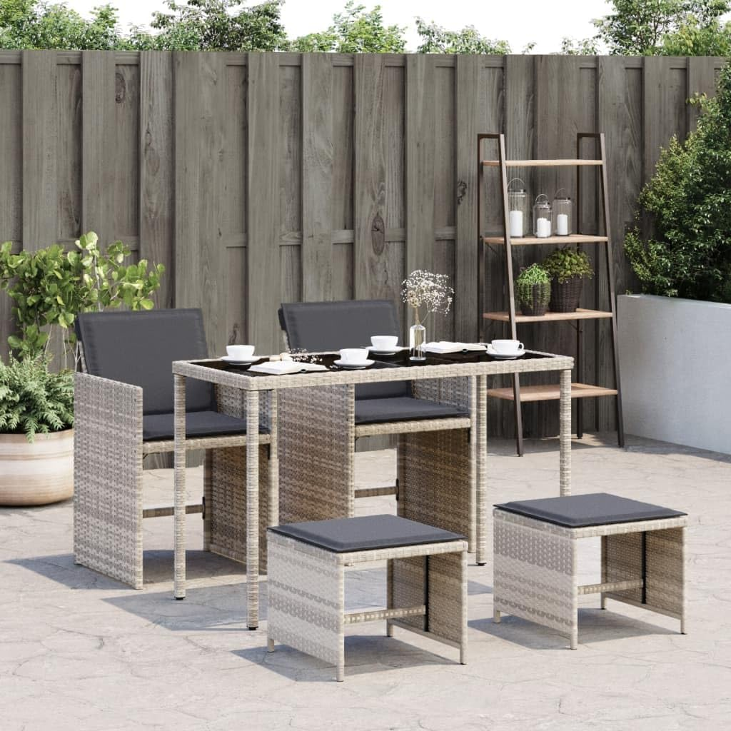 Vidaxl 5-Piece Bistro Garden Dining Set-Light Grey Poly Rattan with Foldable Chairs, Tempered Glass Tabletop, Thick Cushions image number 1