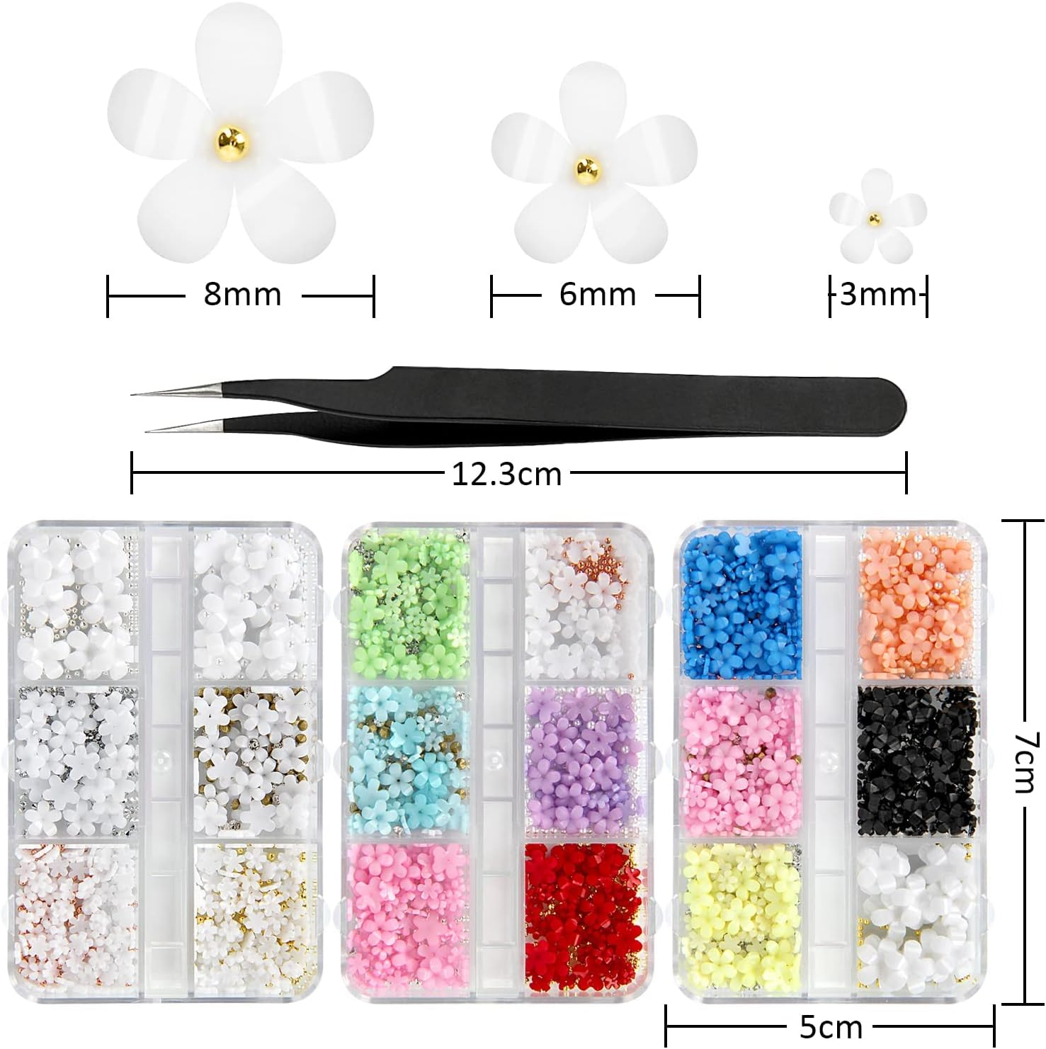 3D Flower Nail Charms, 3 Boxes 3D Acrylic Flower Nail Art Rhinestones with Gold Silver Pearl Beads Tweezers Included Spring Blossom Petal for DIY Nail Decorations image number 5