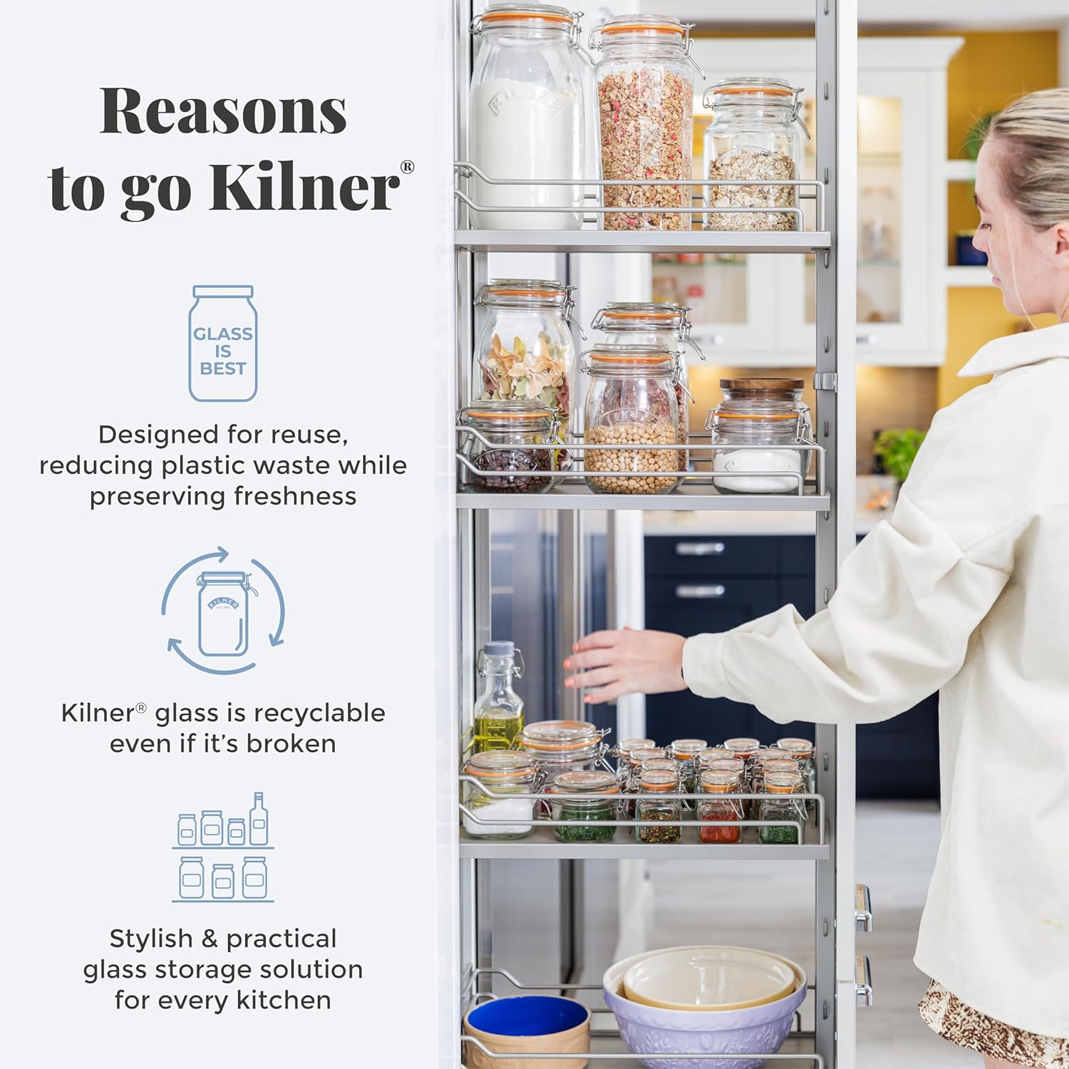 Kilner Fresh Storage Jar 1 Litre Glass Food Container with Vacuum Seal Lid | Bpa-Free Glass | Airtight, Stackable, Easy-Pour Design | Ideal for Tea, Coffee, Sugar & More image number 1