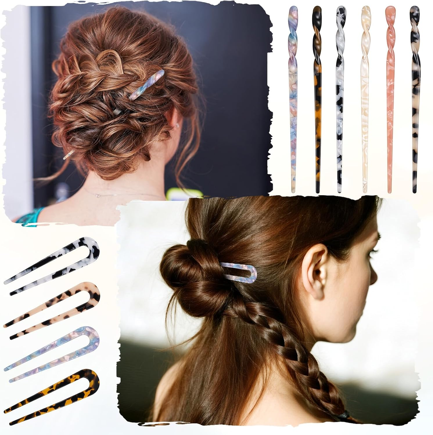 Acetate Hair Stick and U Shaped Hairpin, 6 Pieces Hair Sticks, 4 Pieces French Hair Pin Retro Hair Pins, Acrylic French Hair Pin, Vintage Hair Pins for Women Girls image number 1