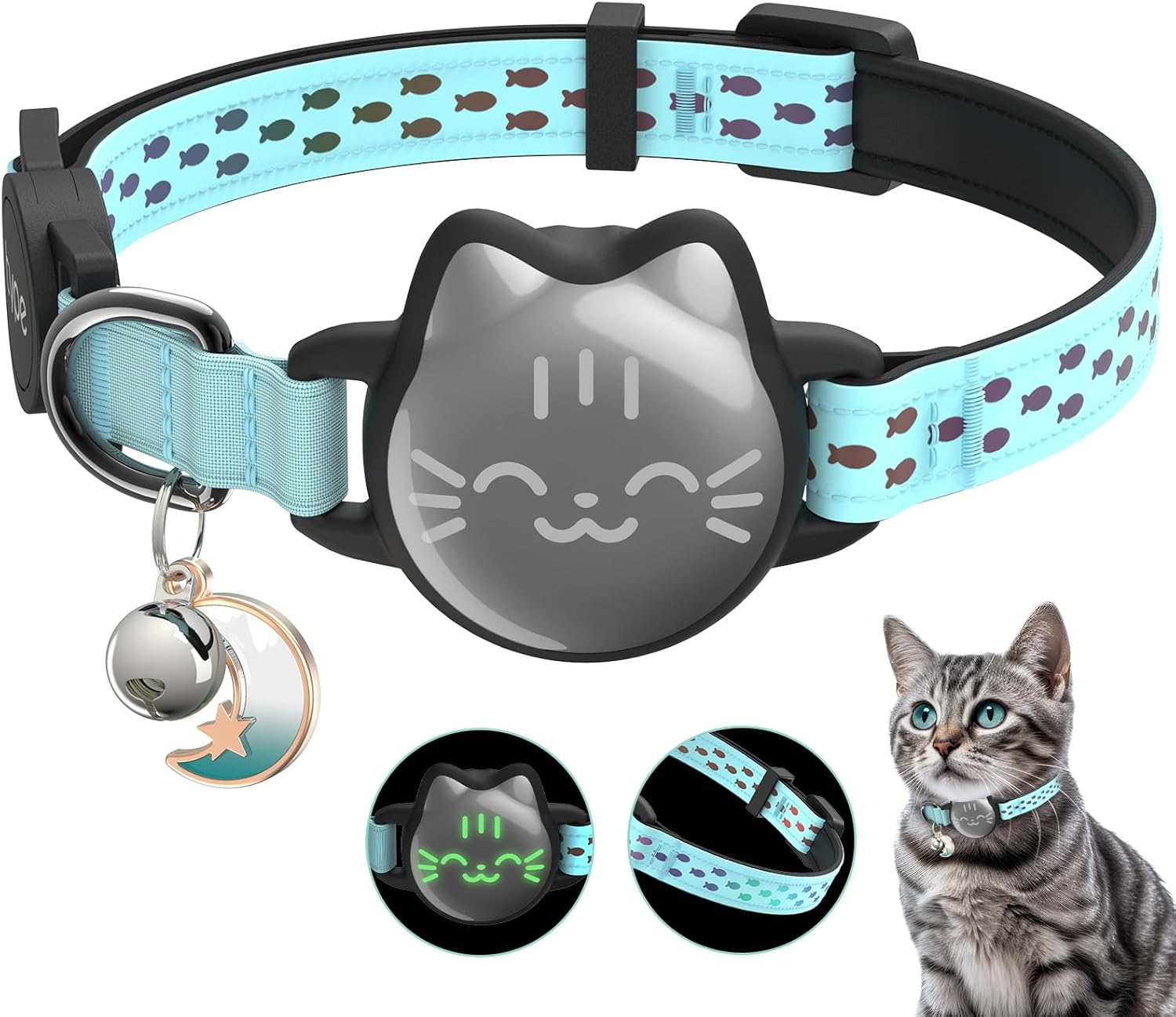 Waterproof Airtag Cat Collar, Breakaway Cat Airtag Collar with Luminous & Reflective Fish Pattern, Lightweight Kitten Collars for Apple Air Tag, Hidden GPS Tracker Holder for Cats, Kittens(9-13")
