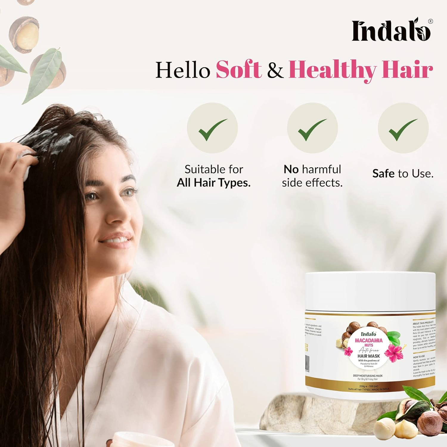 Indalo Macadamia Nuts anti Frizz Hair Mask with Hibiscus, Deep Moisturising for Dry & Rough Hair Mask | Soft, Smooth & Shiny Hair for Men & Women - 200Gm image number 4