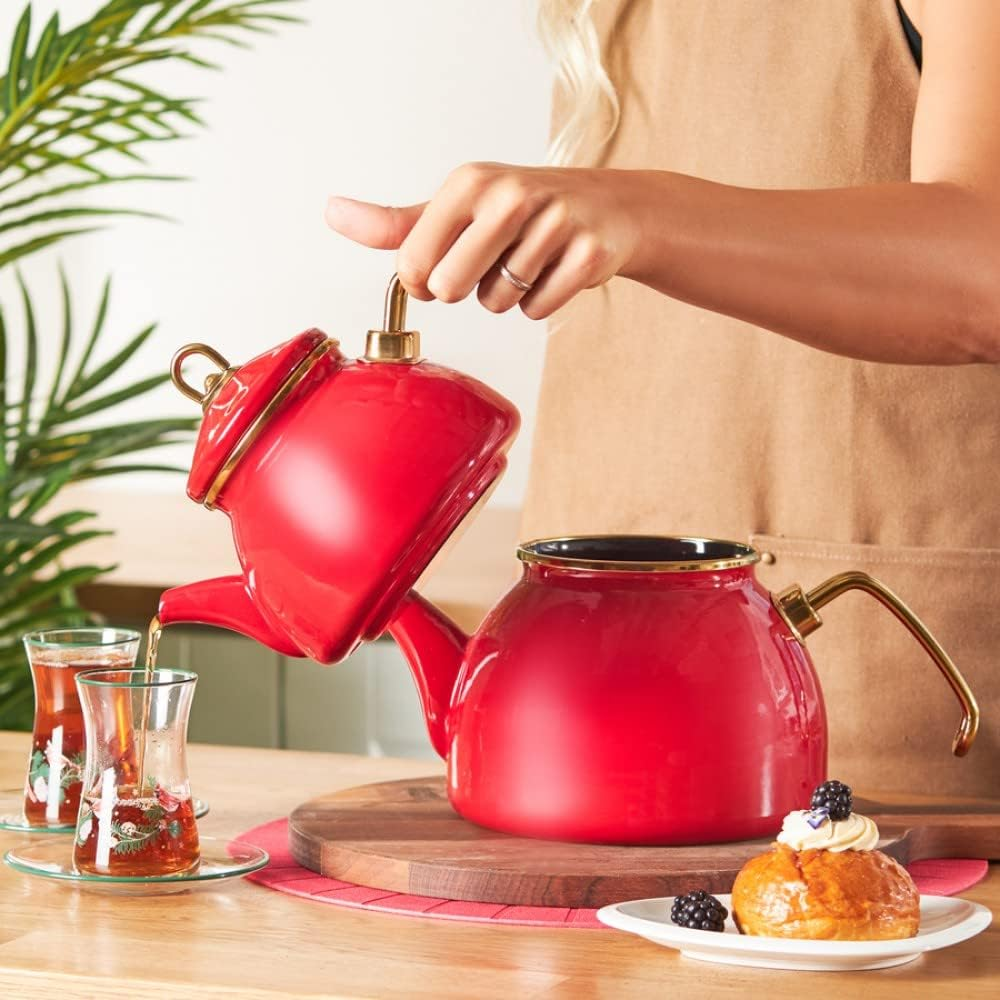 Karaca Retro Enamel Teapot Set, Red, Suitable for Induction, Tea Maker, Kettle, Tea Infusion 1.1 L, Water Jug 2.3 L, Turkish Tea Kettle, Tea Maker, Caydanlik image number 3