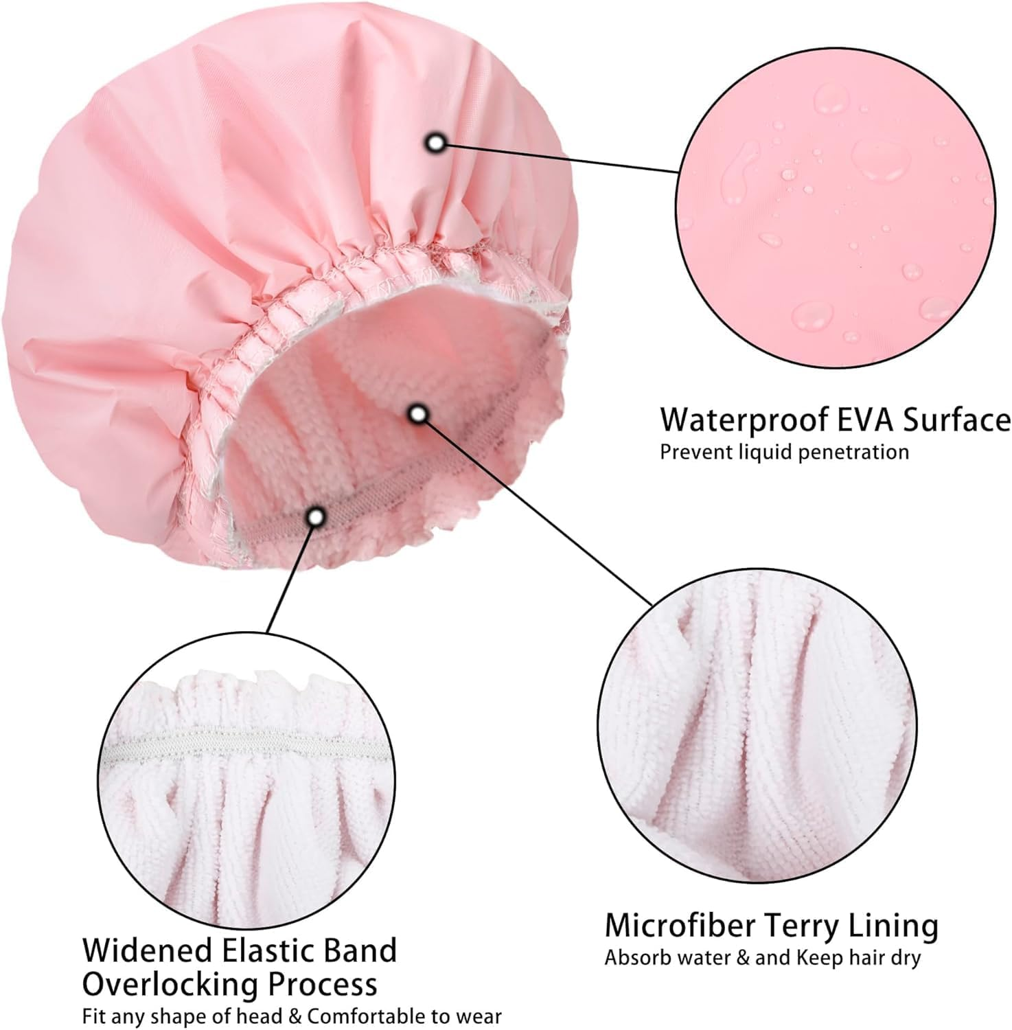 Shower Caps for Women, Terry Cloth Lined, Reusable Bath Caps, Double Waterproof Layers Shower Cap, Bathing Shower Caps, for Long Thick Hair, Waterproof Washable Soft Bath Shower Caps for Hair Care image number 6